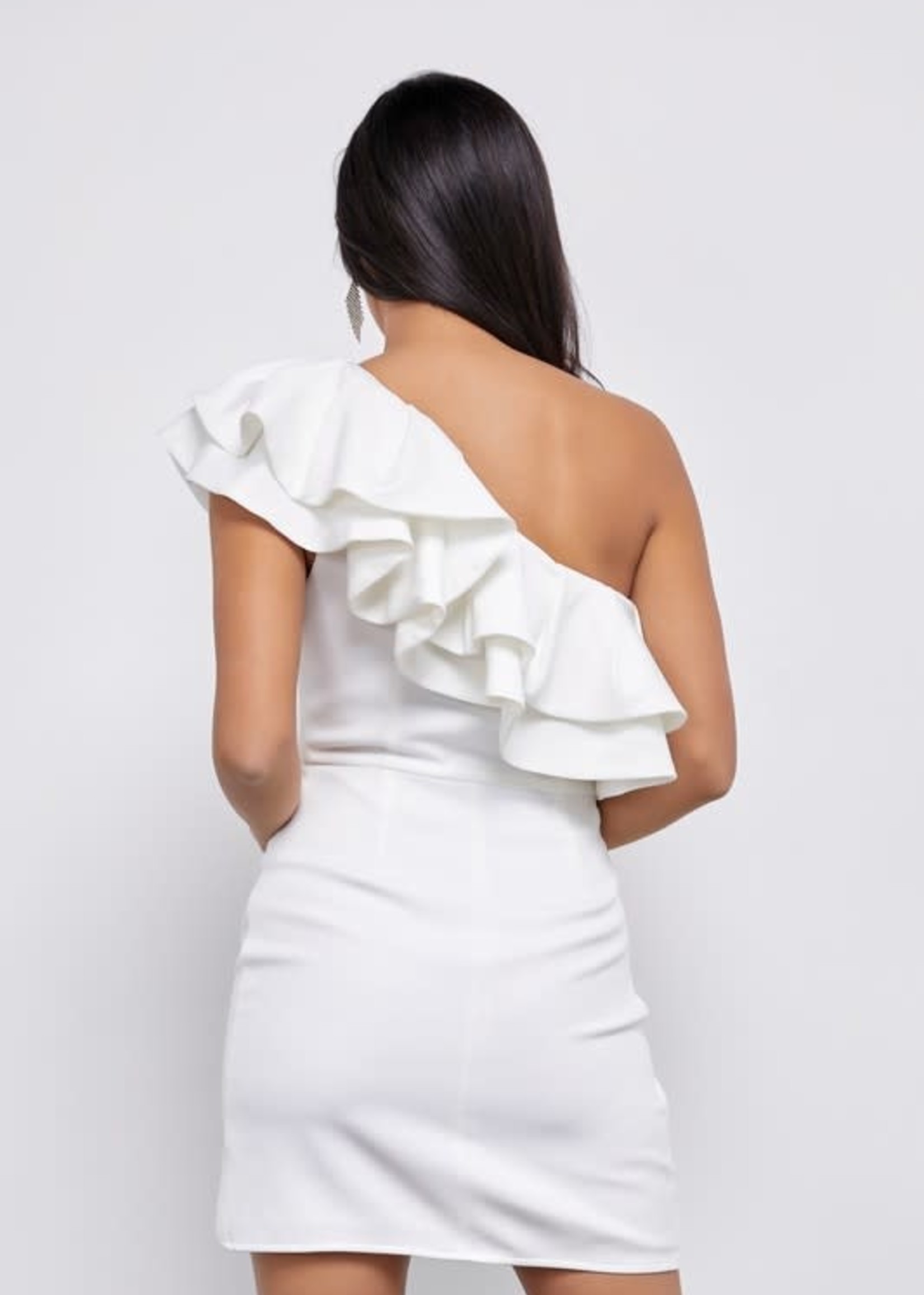 One Shoulder White Ruffle Party Dress