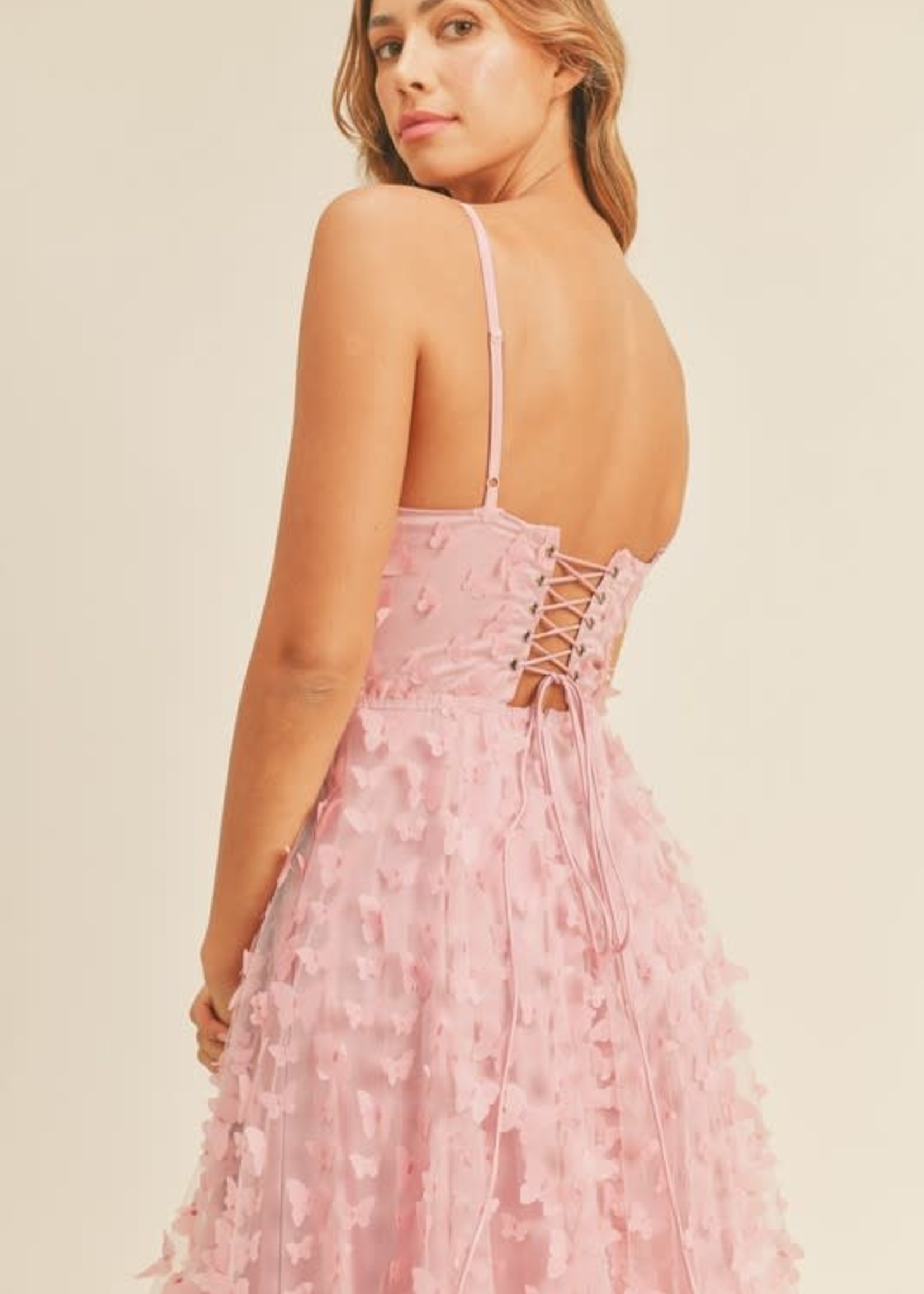 Forever u midi dress with fringe 3d fabrication in top dusty pink