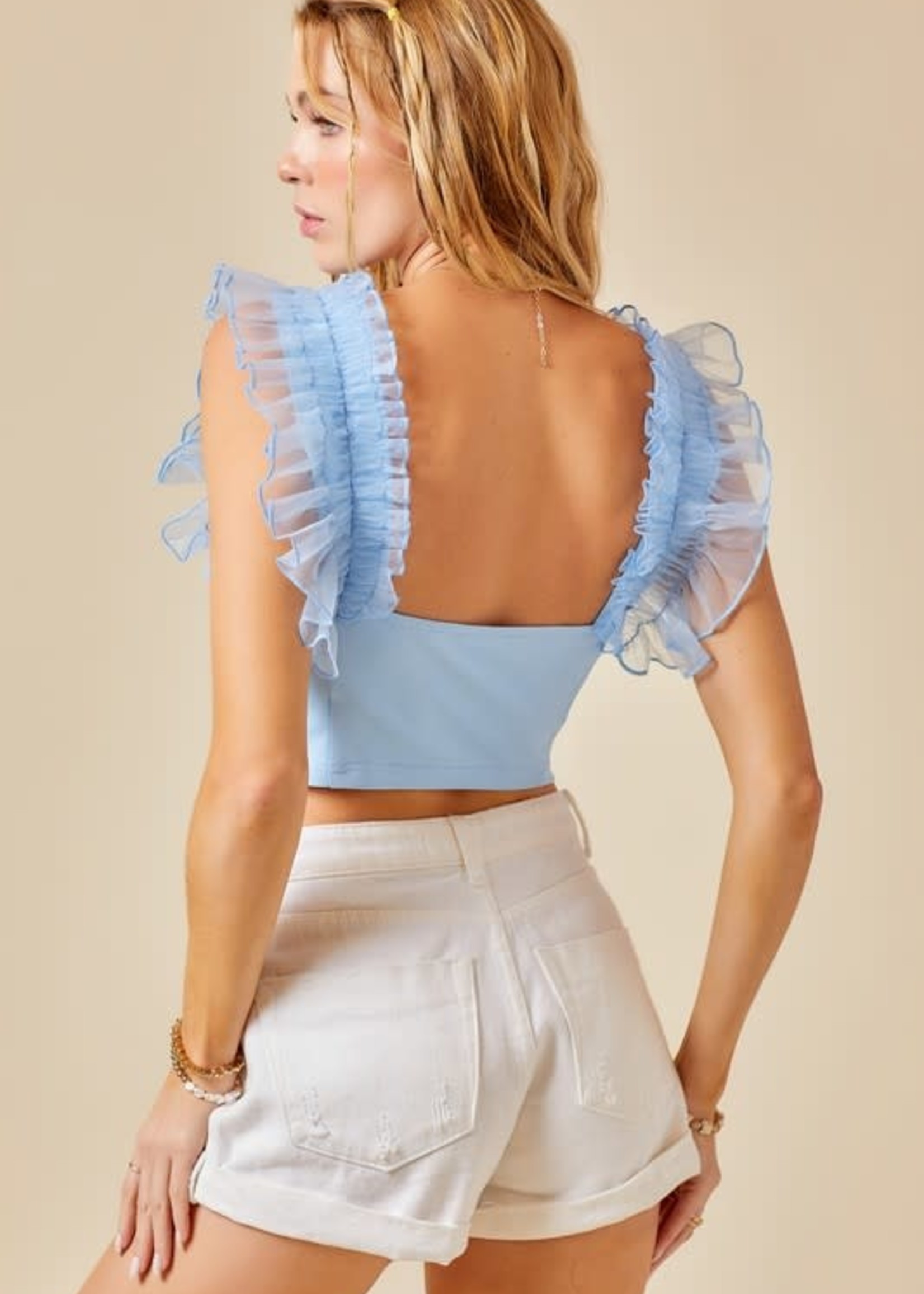 Blue Organza Ruffle Top