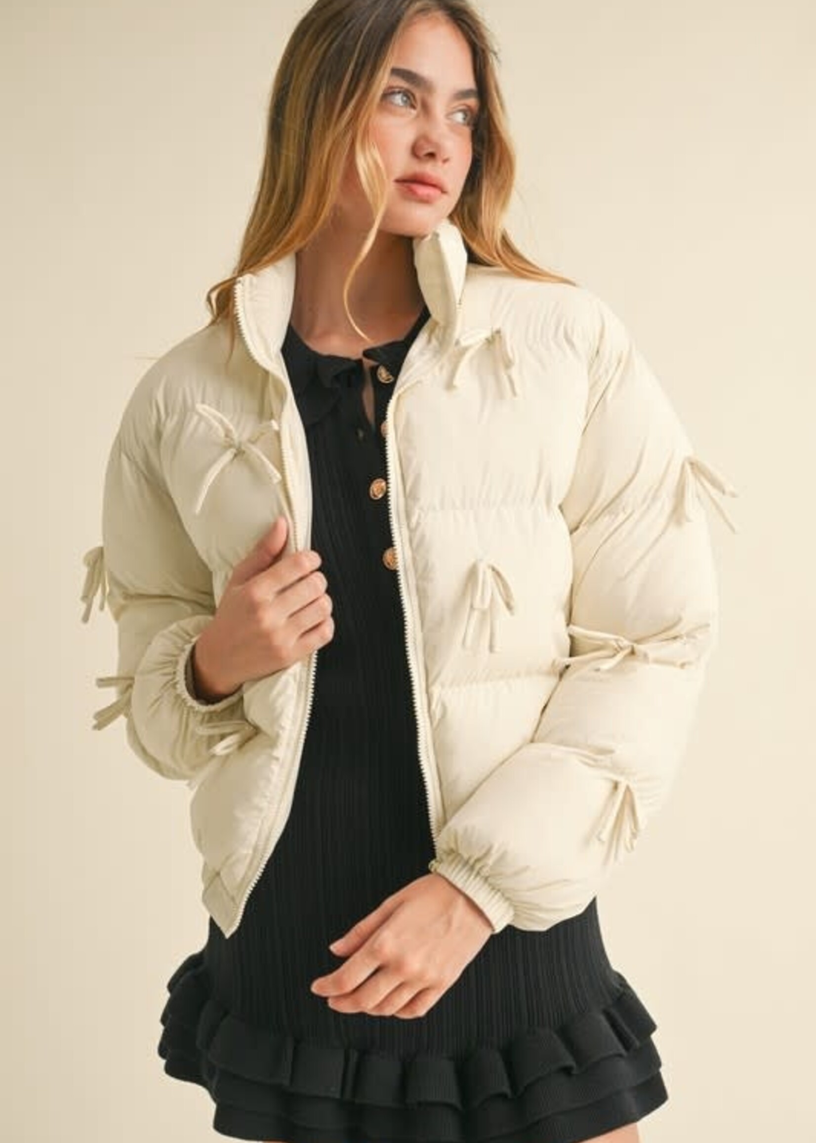 Pretty Bow Cream Puffer Coat