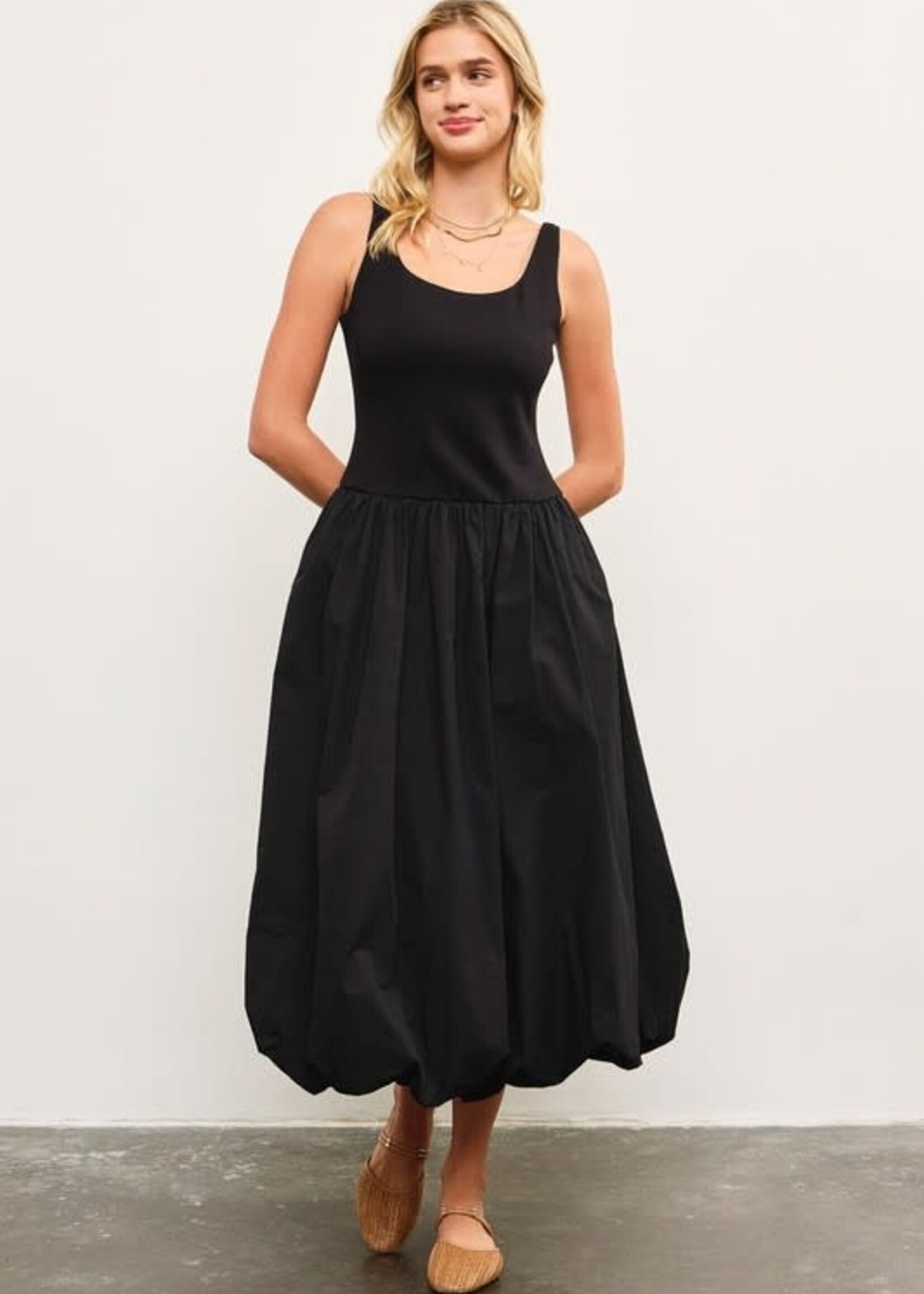 Black Balloon Bottom Midi Dress