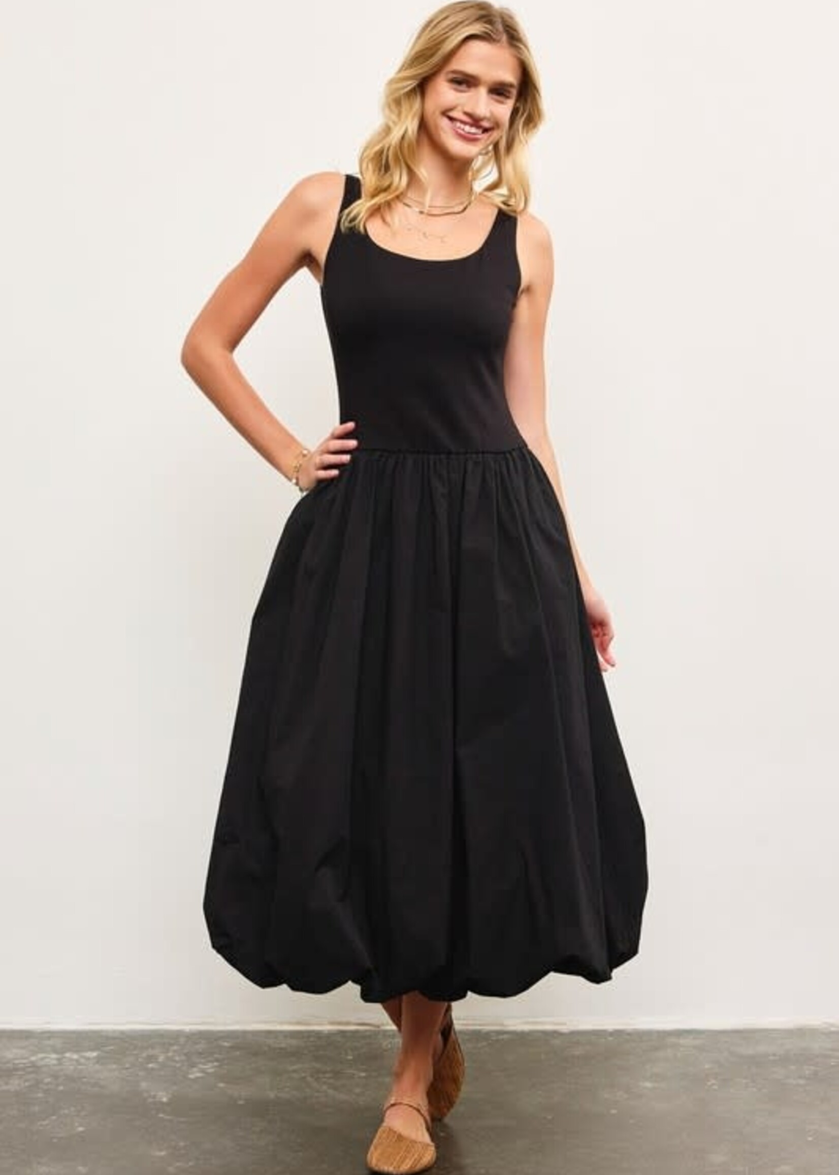 Black Balloon Bottom Midi Dress