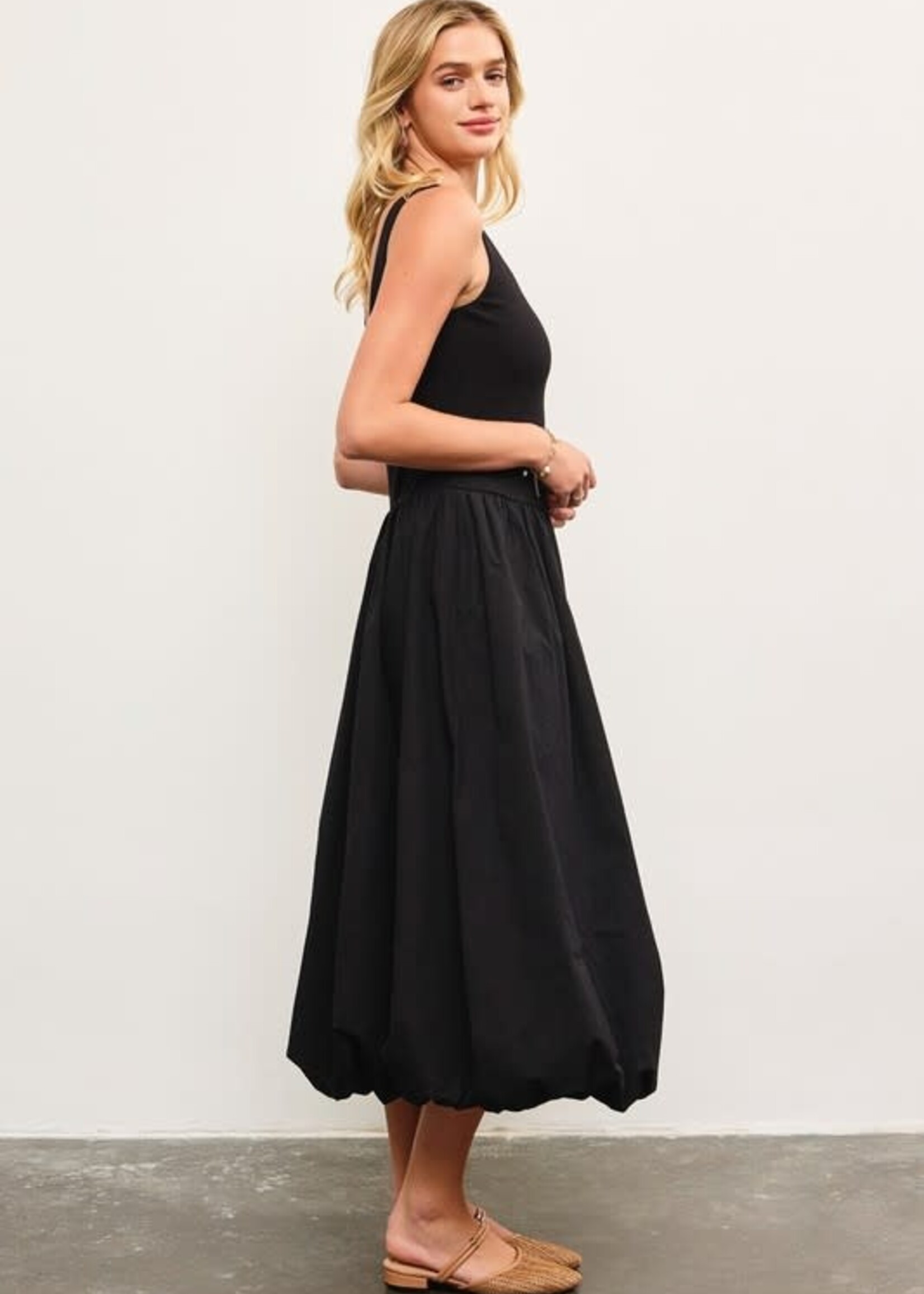 Black Balloon Bottom Midi Dress
