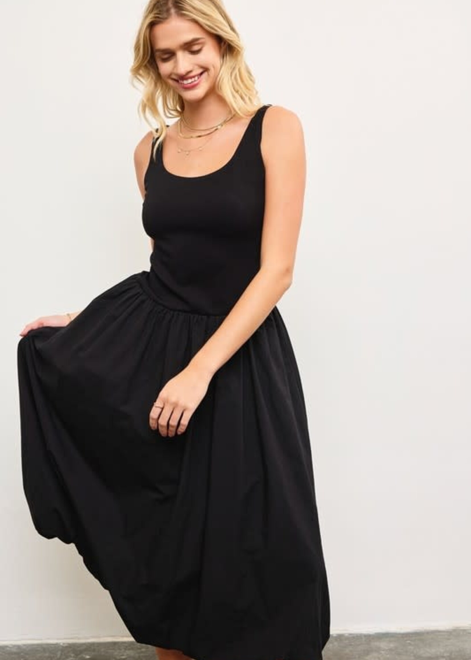 Black Balloon Bottom Midi Dress
