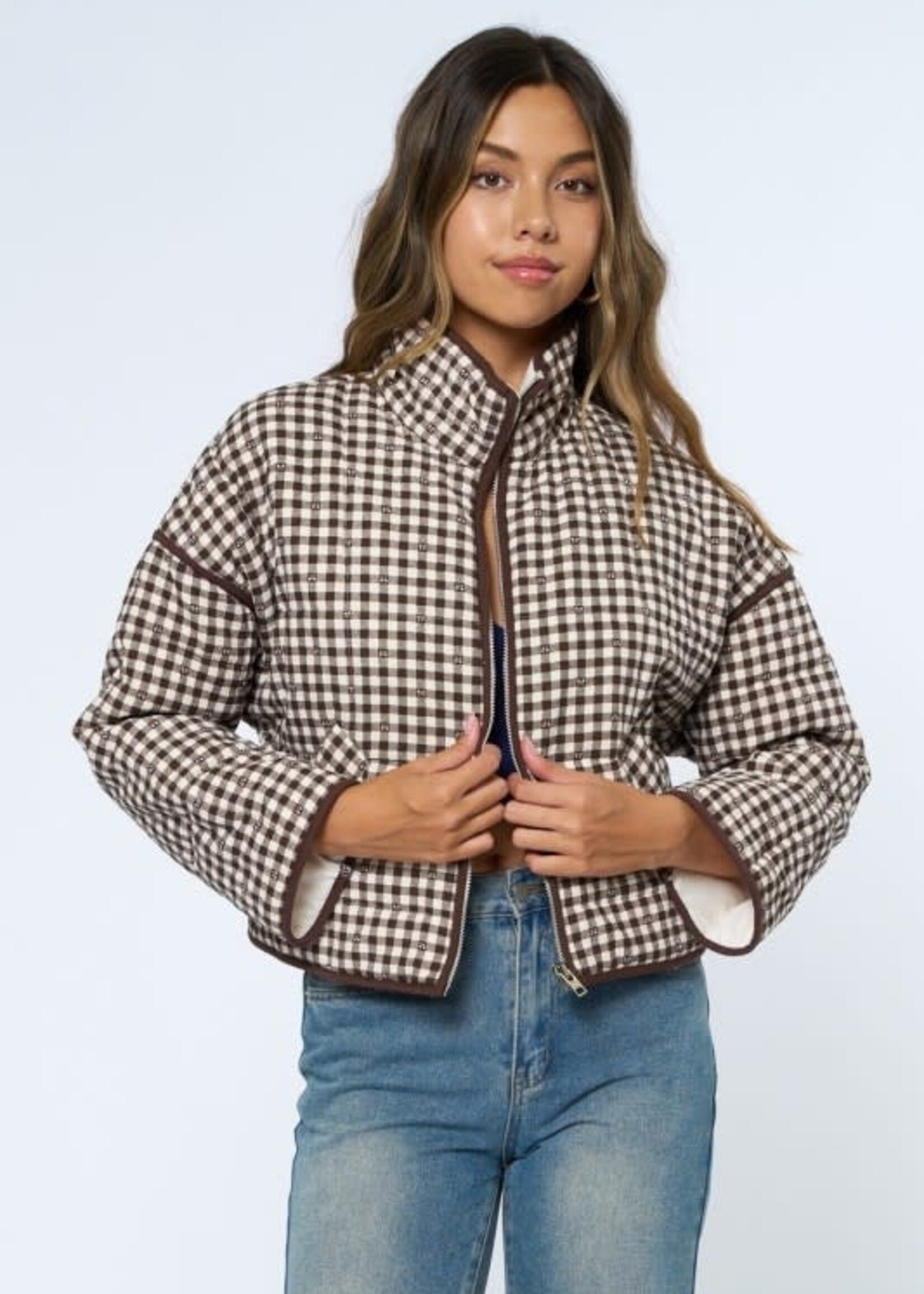 Brown Gingham Puffer Jacket