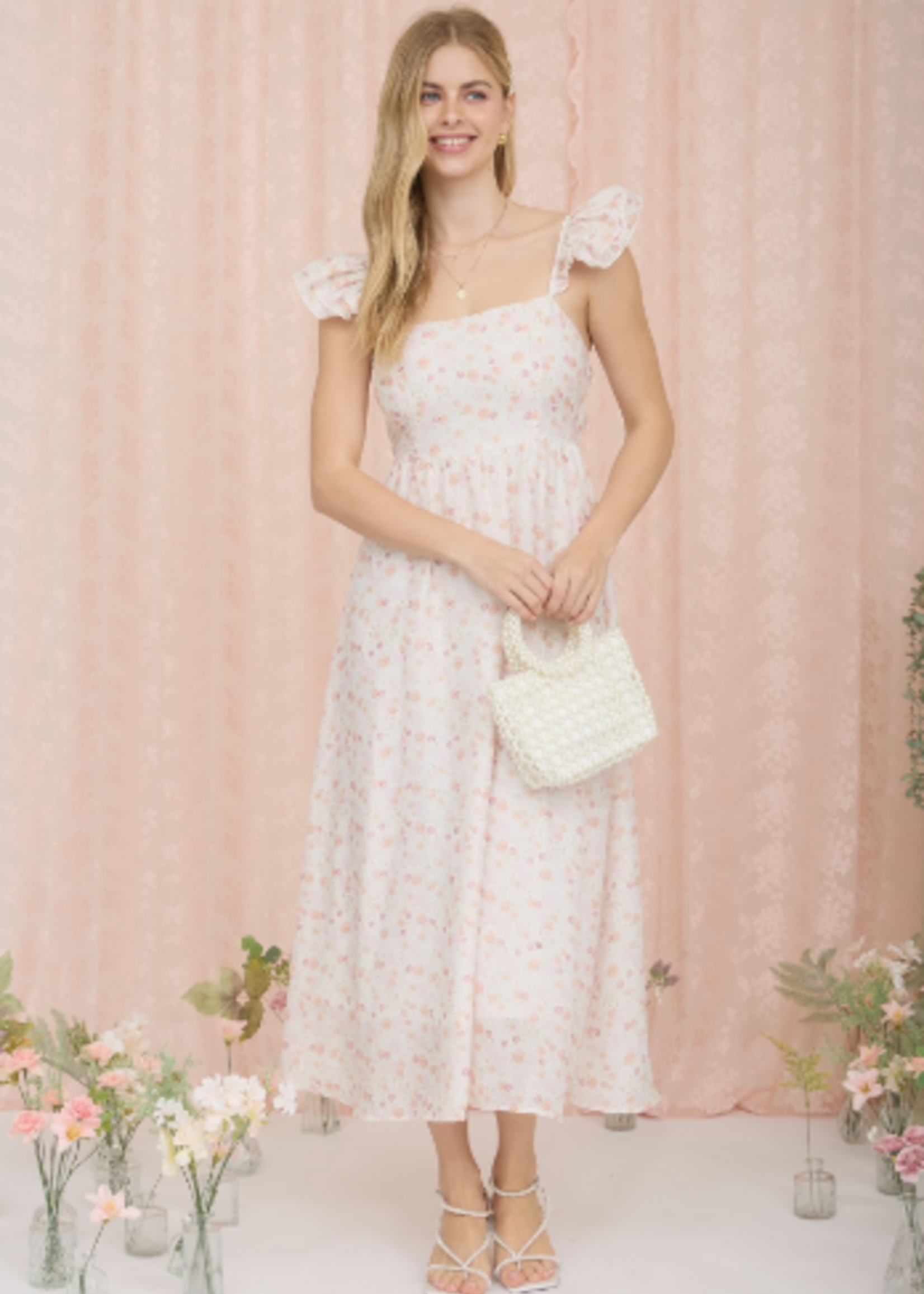 Sweet Floral Ruffle Midi Dress