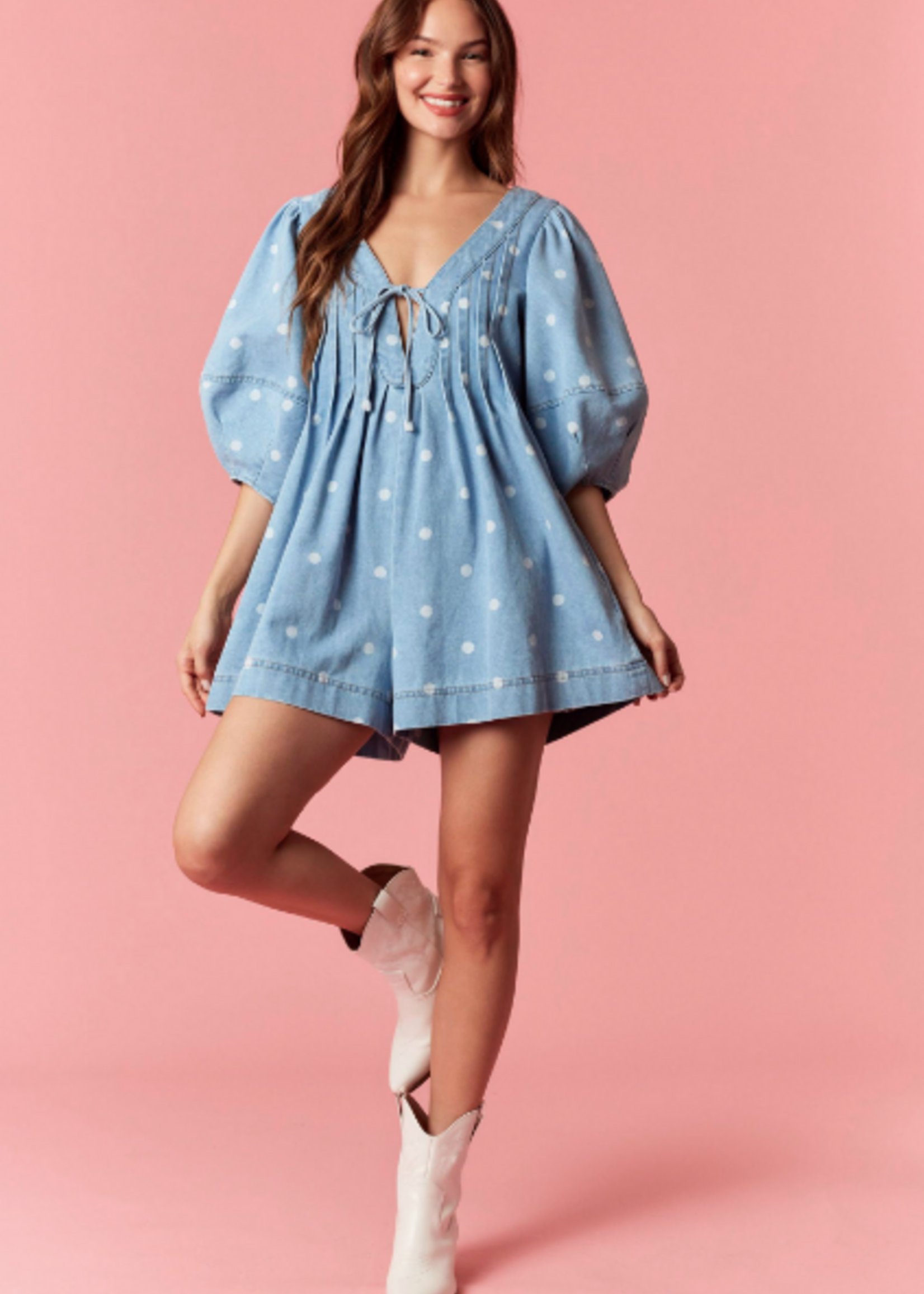 Polka Dot Denim Romper