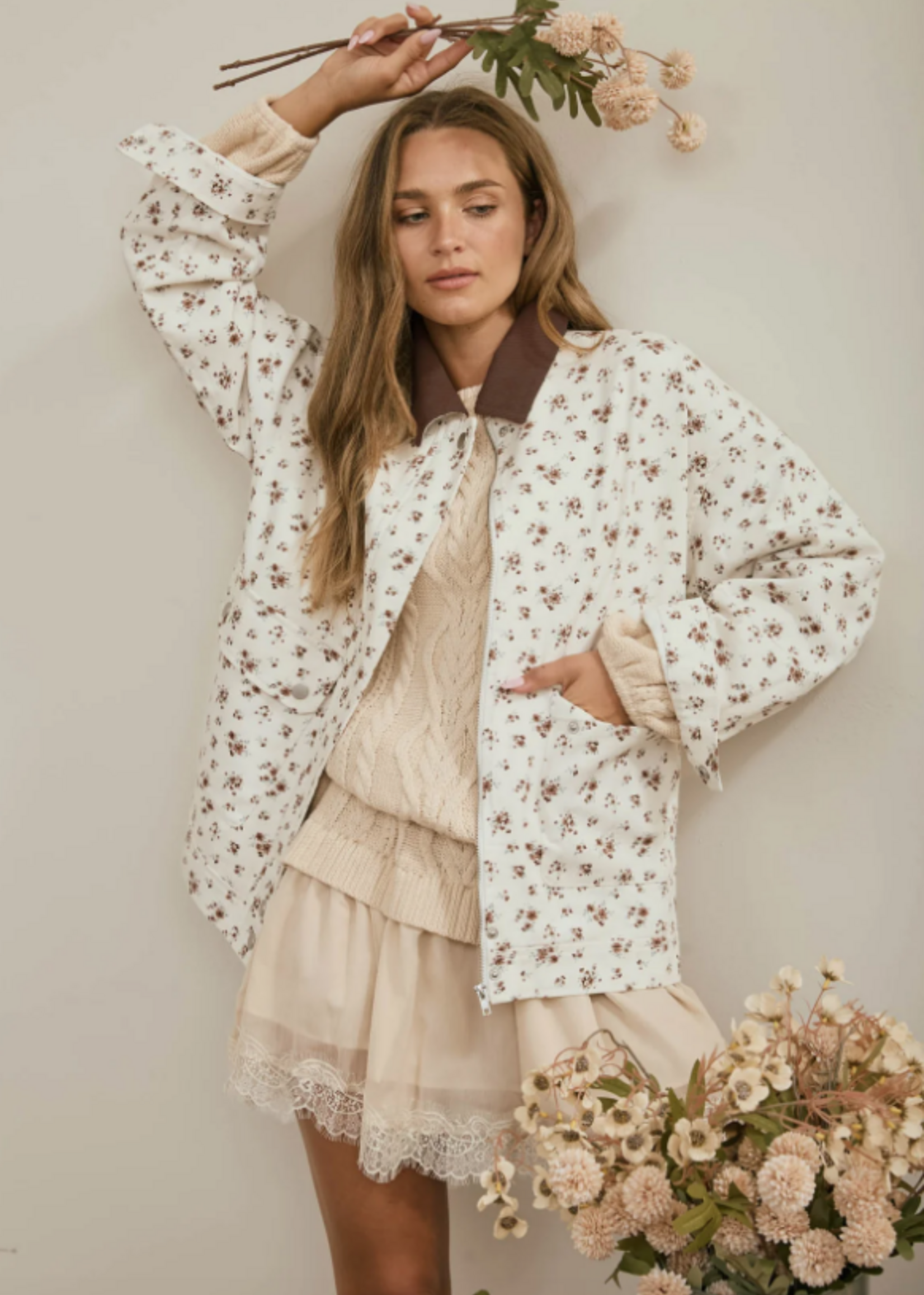 Floral Corduroy Collar Denim Jacket