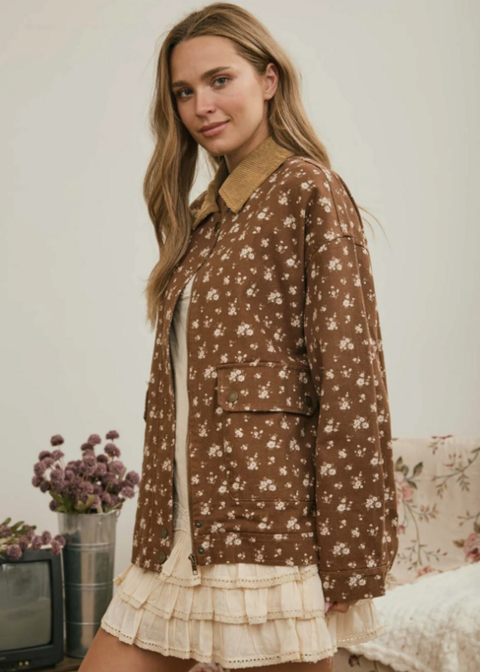 Floral Corduroy Collar Denim Jacket