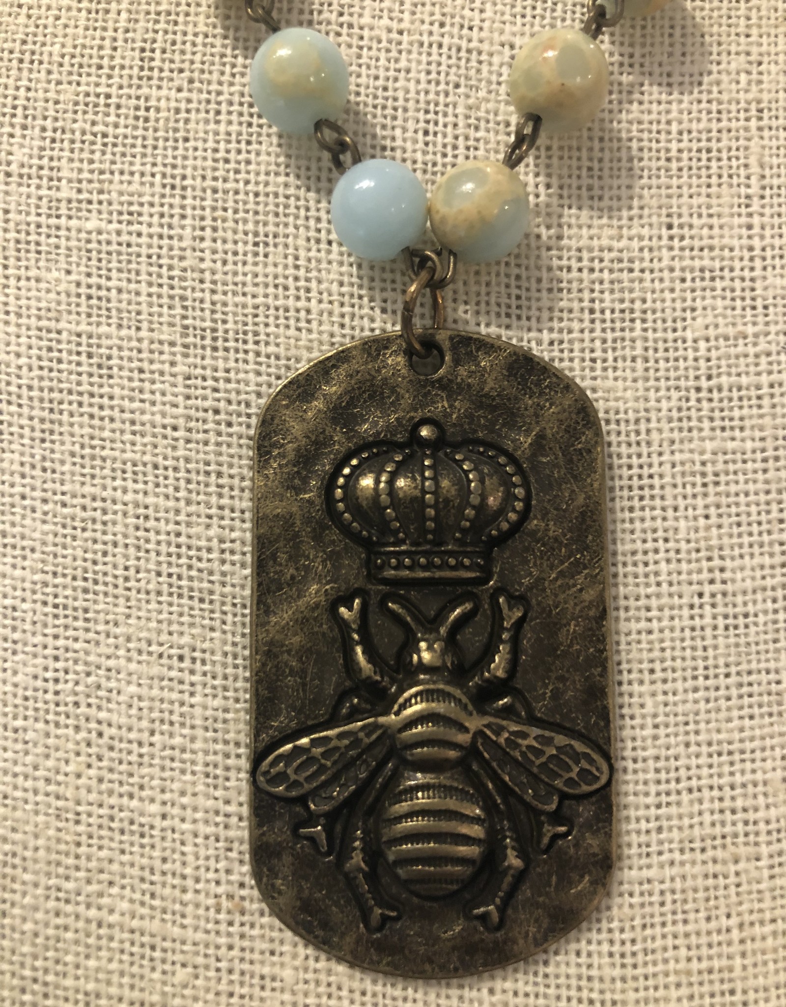 18" Light Turq Beaded Necklace w/ Brass Bee Charm
