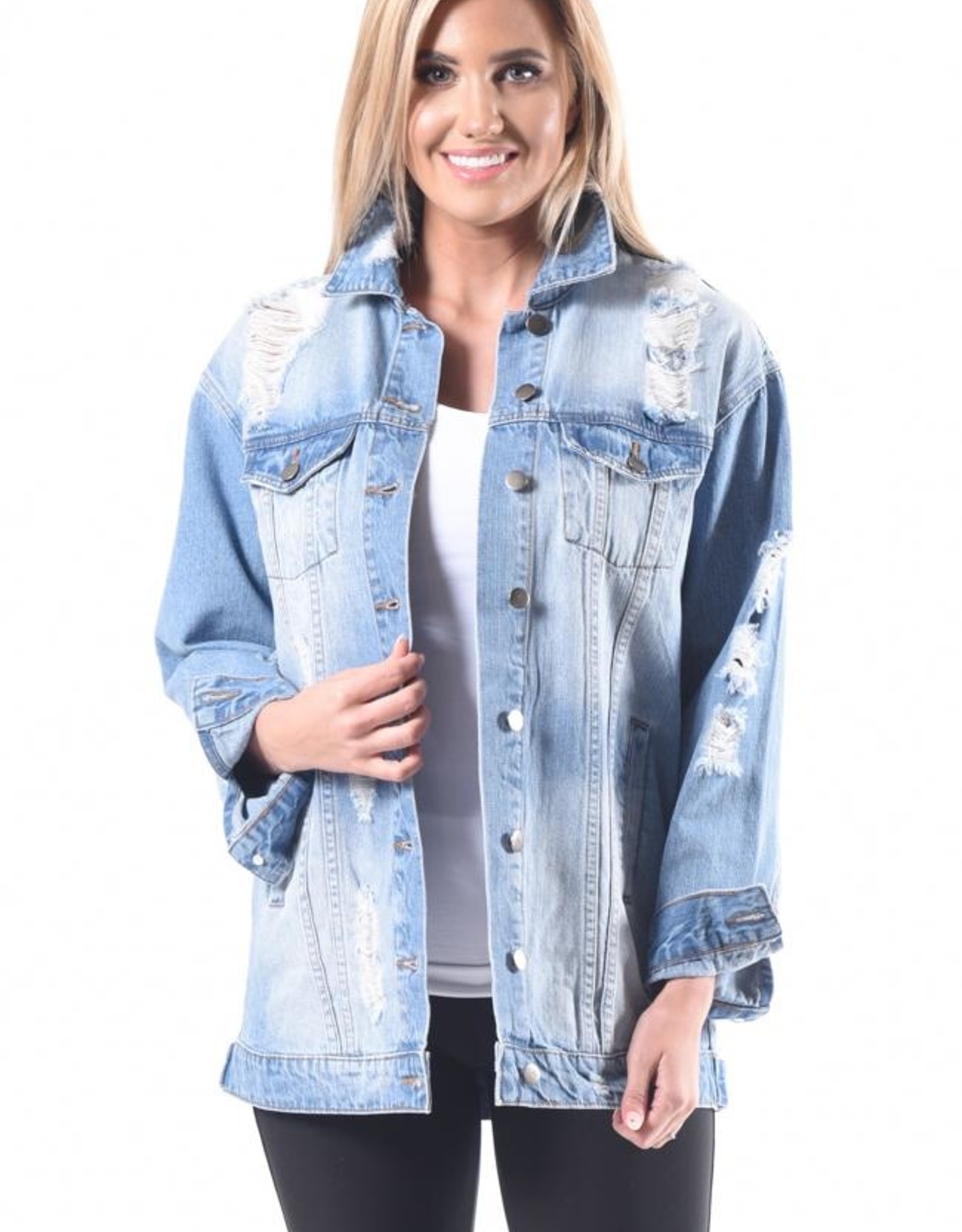 plus size long distressed denim jacket