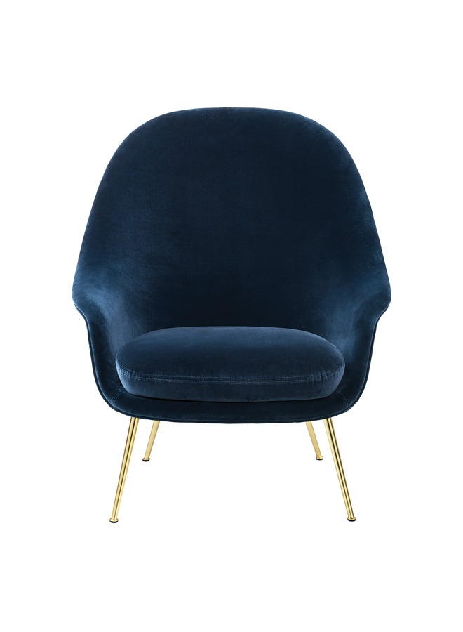 Bat Lounge Chair - Fully Upholstered, High back, Conic base, Brass Semi Matte