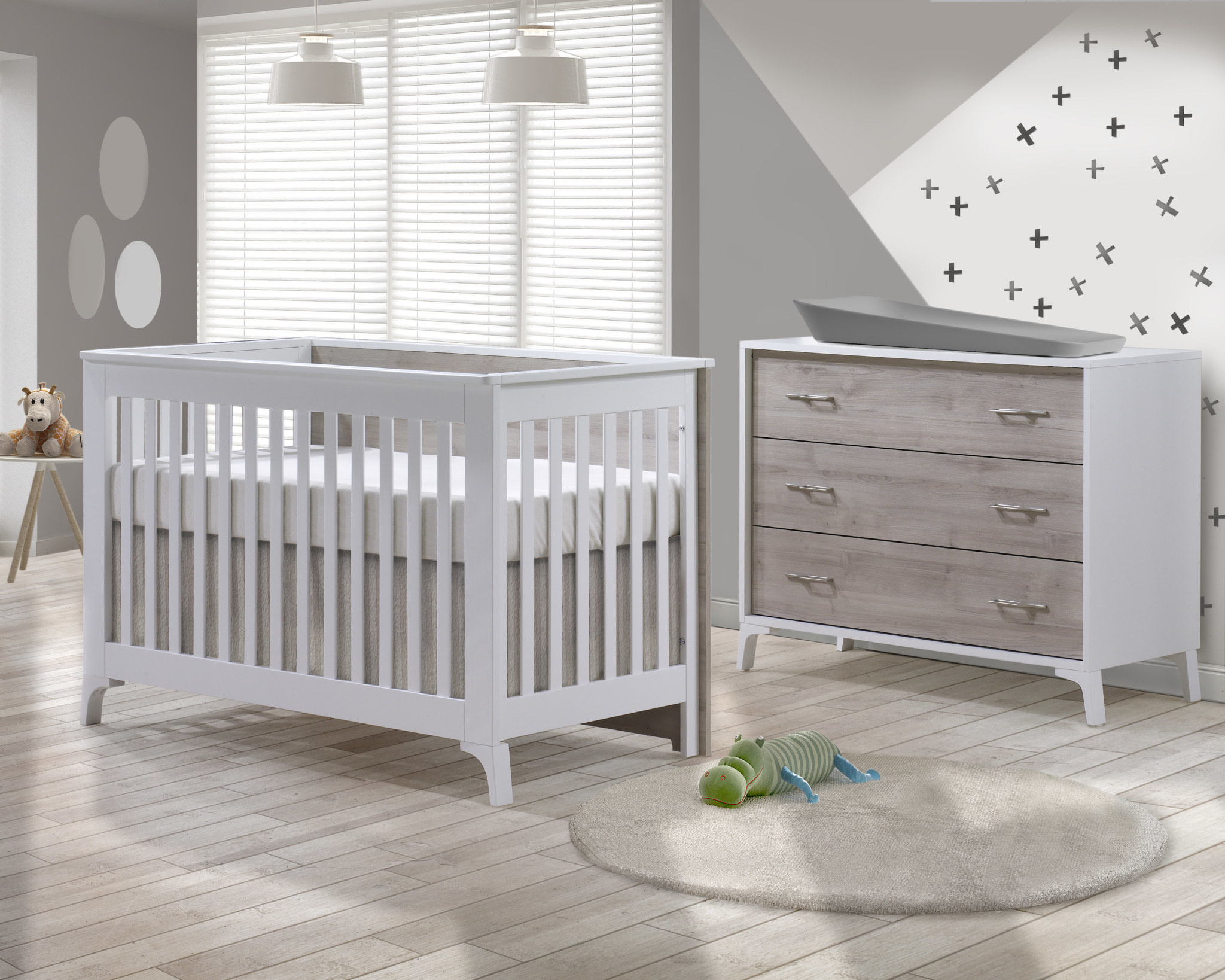 Metro Convertible Crib + 3 Drawer Dresser - White/Sand