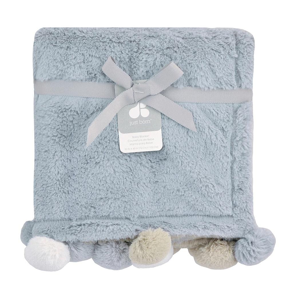 Just Born Baby Cuddle Plush Pom Pom Blanket - Grey