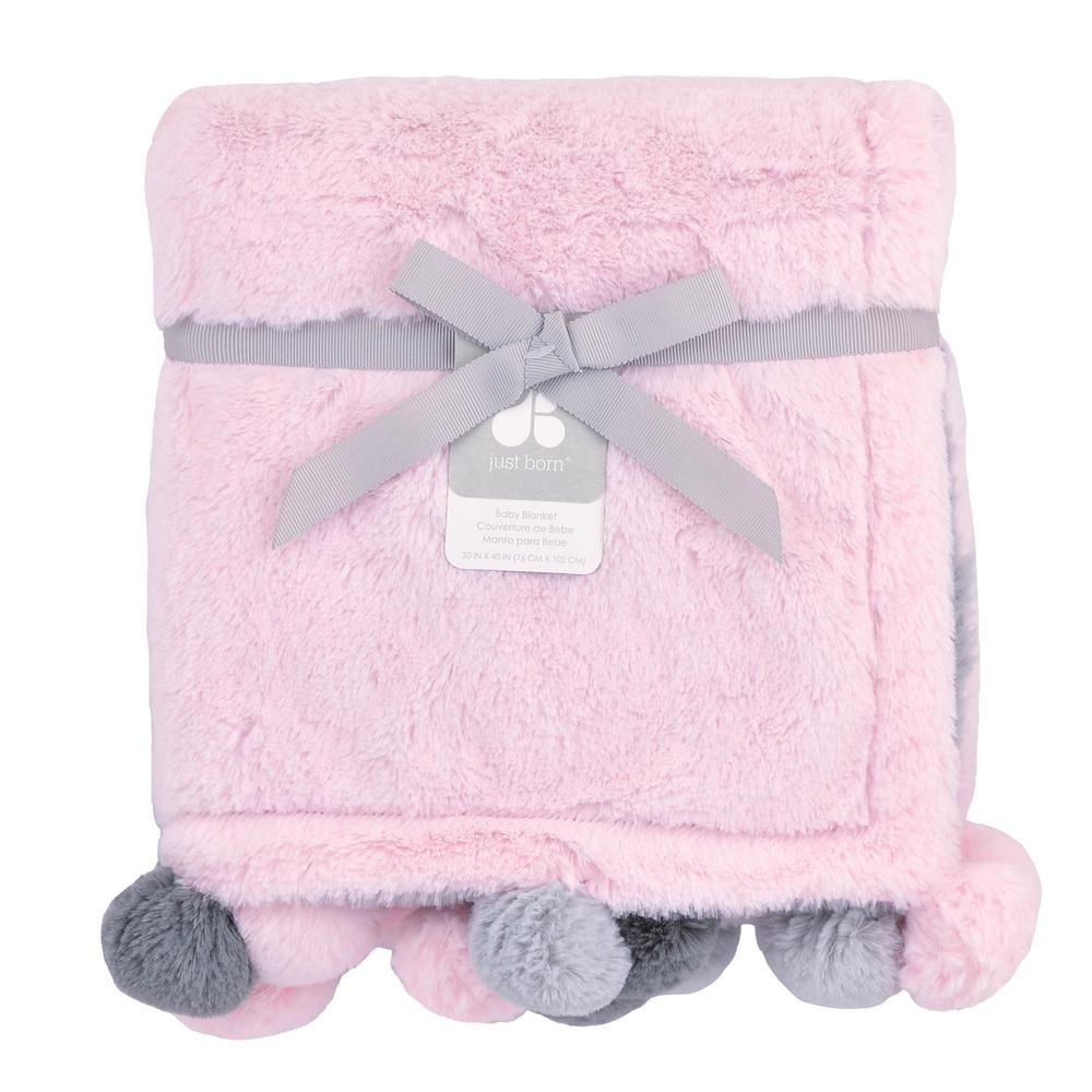 Just Born Baby Cuddle Plush Pom Pom Blanket - Pink