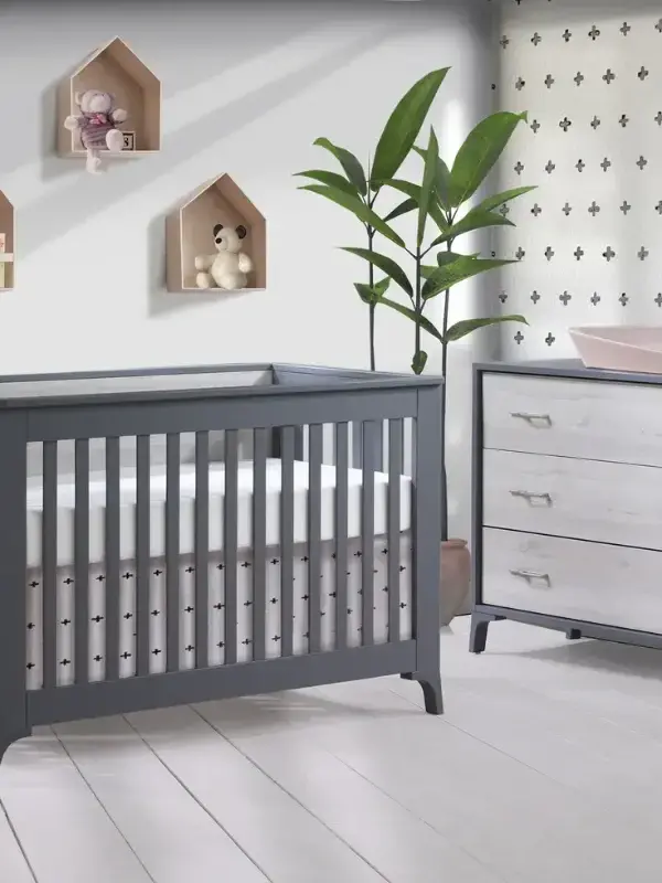 Metro Convertible Crib + 3 Drawer Dresser - Charcoal/Washed Walnut
