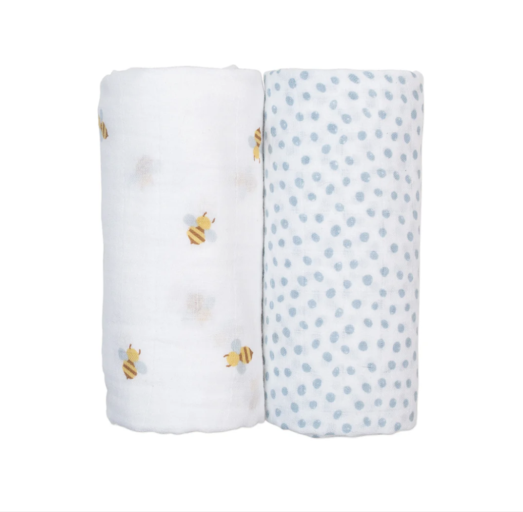 Lulujo 2pk Muslin Swaddle Bees Blue Dots Hello Baby