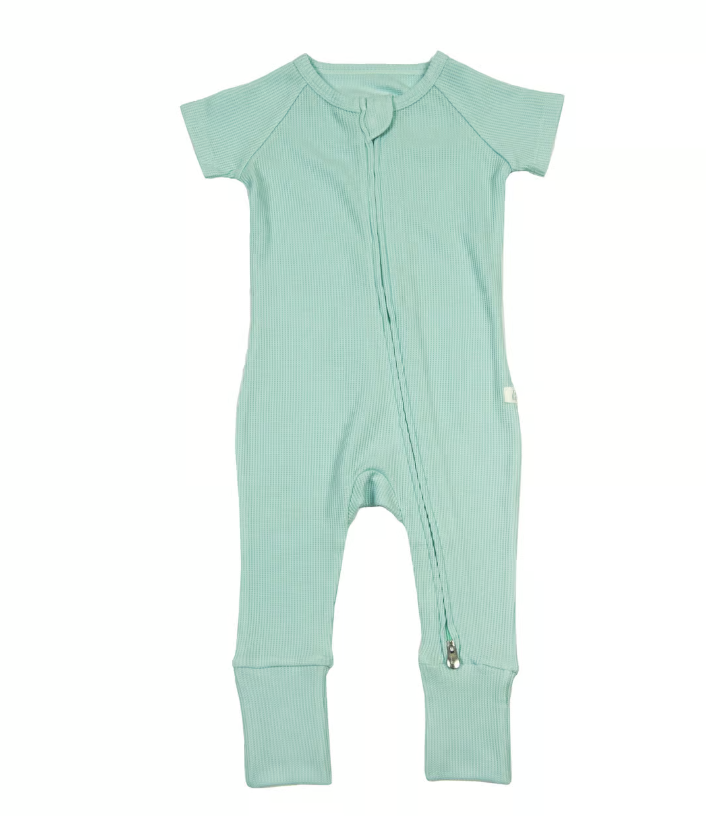 Waffle Short Sleeve Zipper Romper - Seaglass