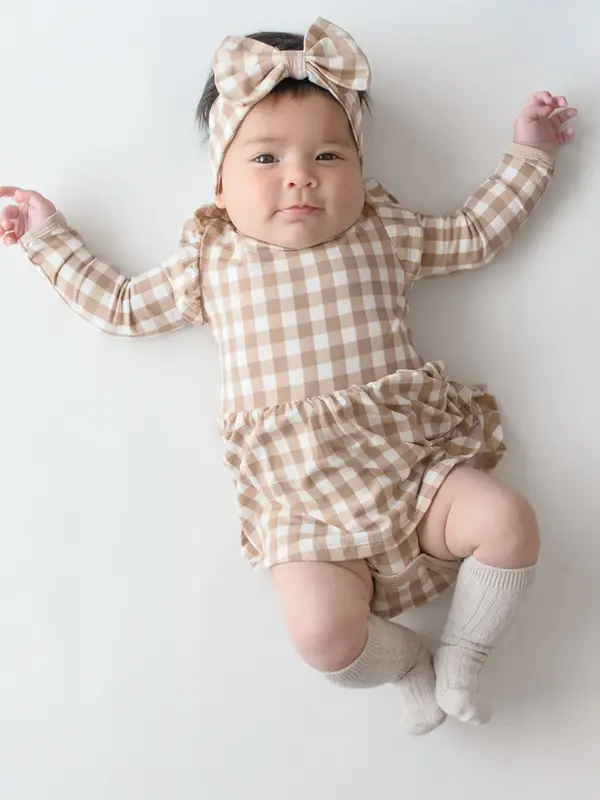 Long Sleeve Twirl Bodysuit Dress - Gingham Bisque