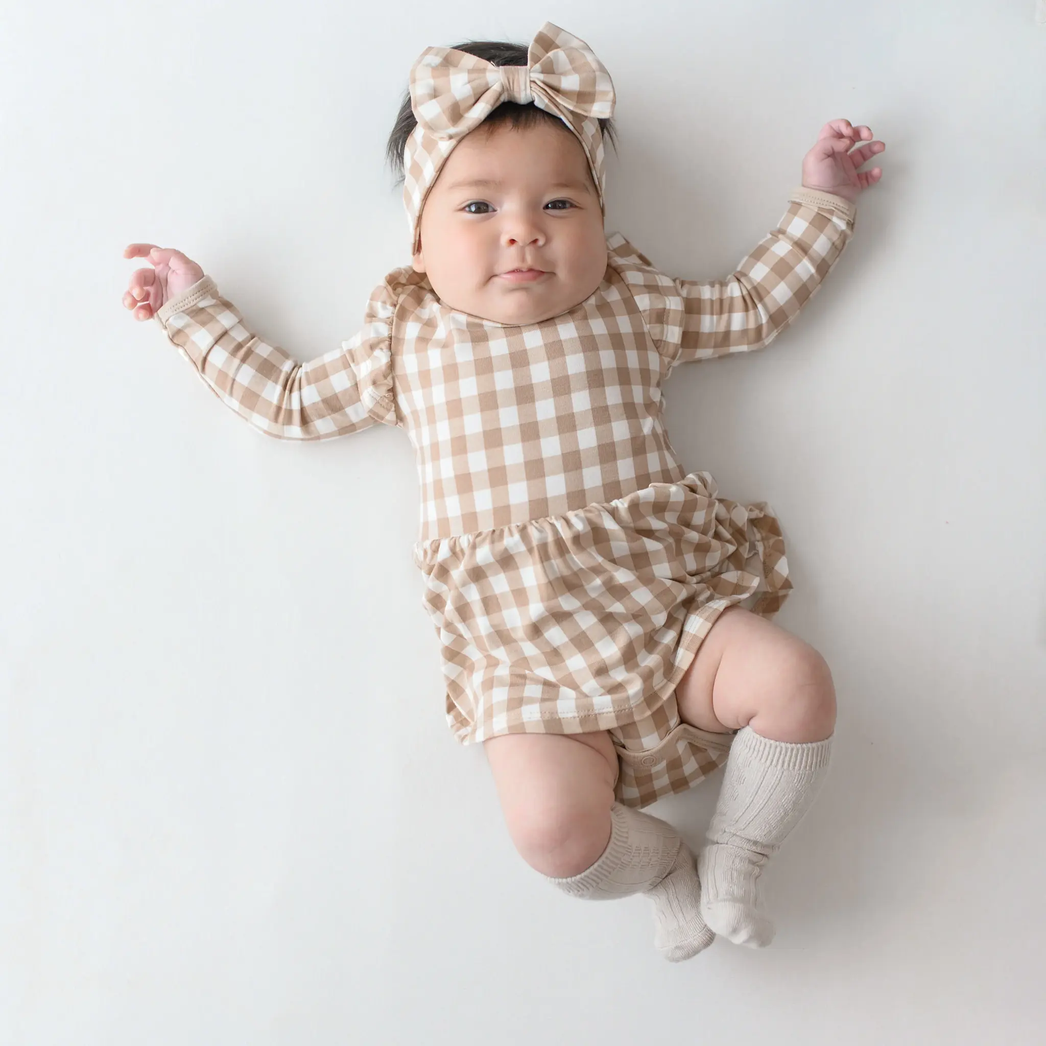 Long Sleeve Twirl Bodysuit Dress - Gingham Bisque