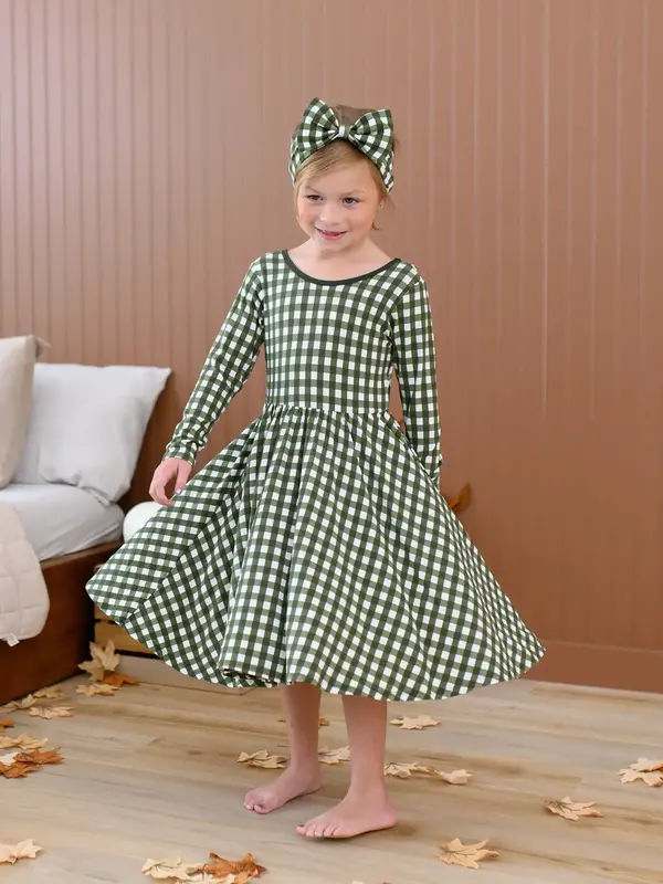 Kyte Long Sleeve Twirl Dress - Gingham Fir