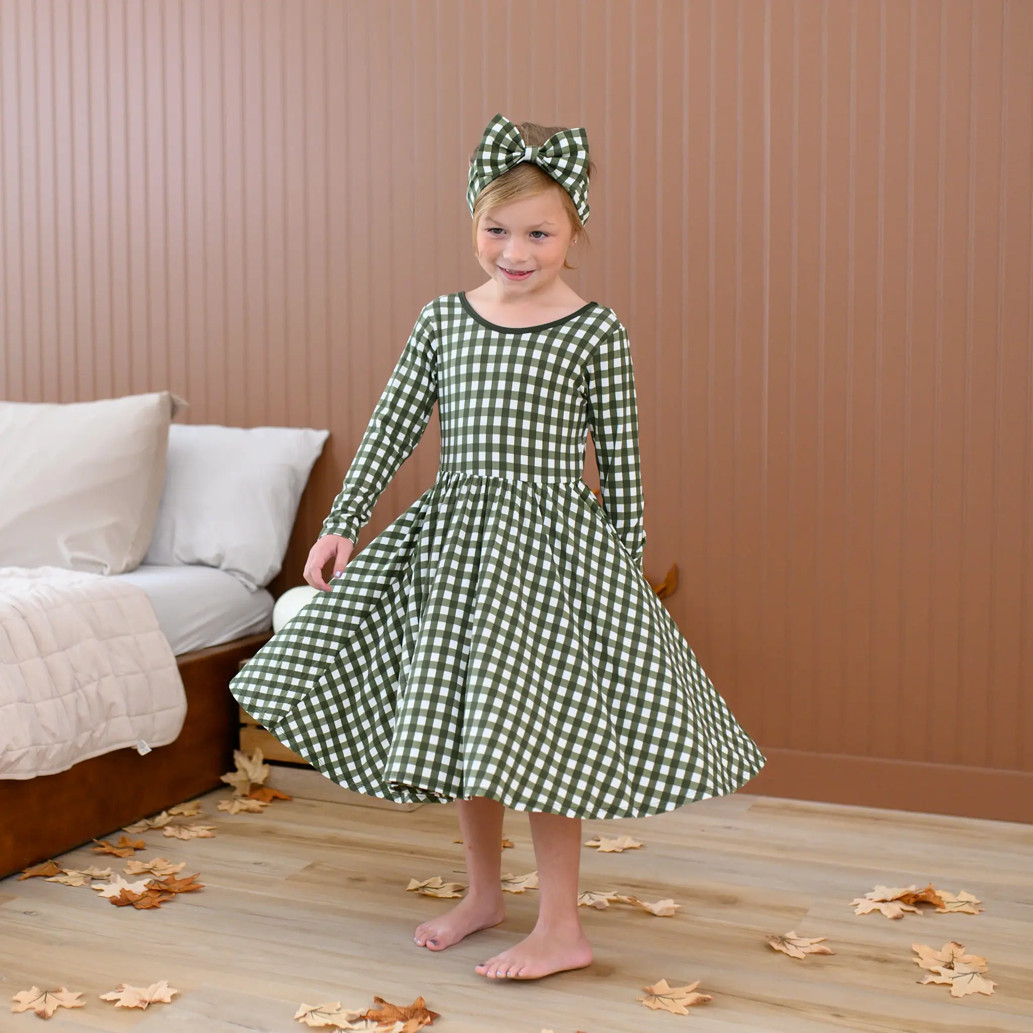 Kyte Long Sleeve Twirl Dress - Gingham Fir