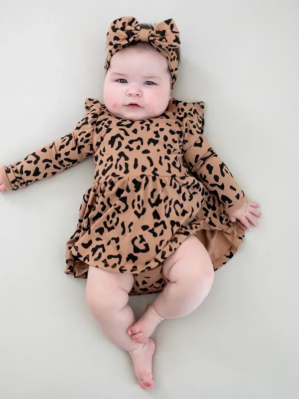Long Sleeve Twirl Bodysuit Dress - Latte Leopard