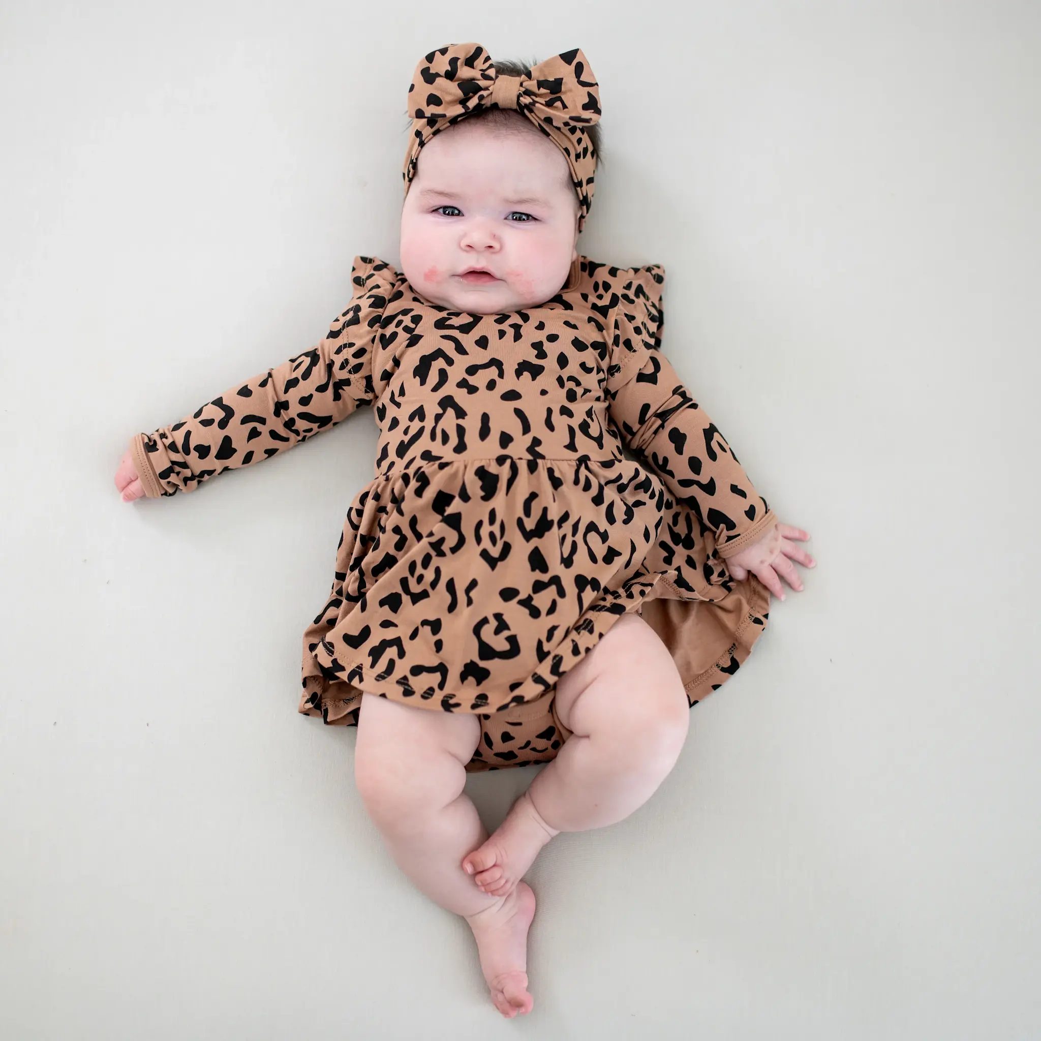Long Sleeve Twirl Bodysuit Dress - Latte Leopard