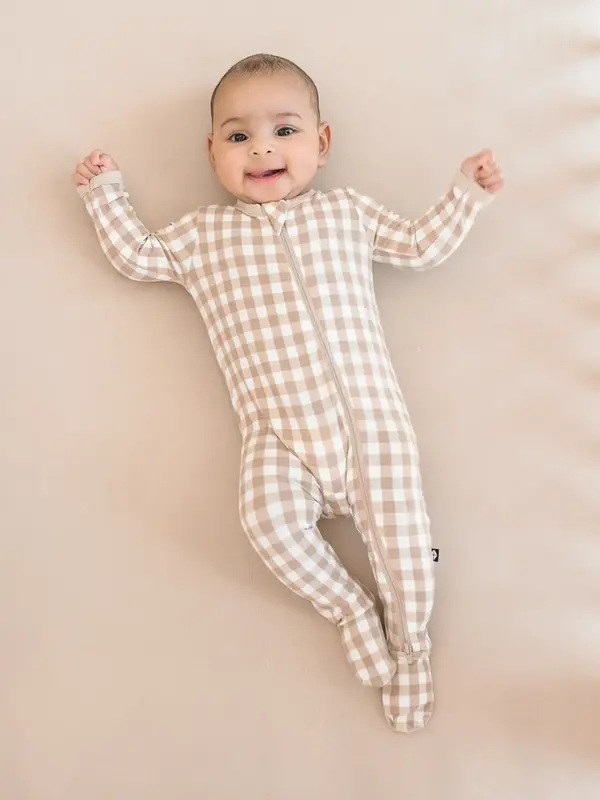 Kyte Zipper Footie - Gingham Bisque