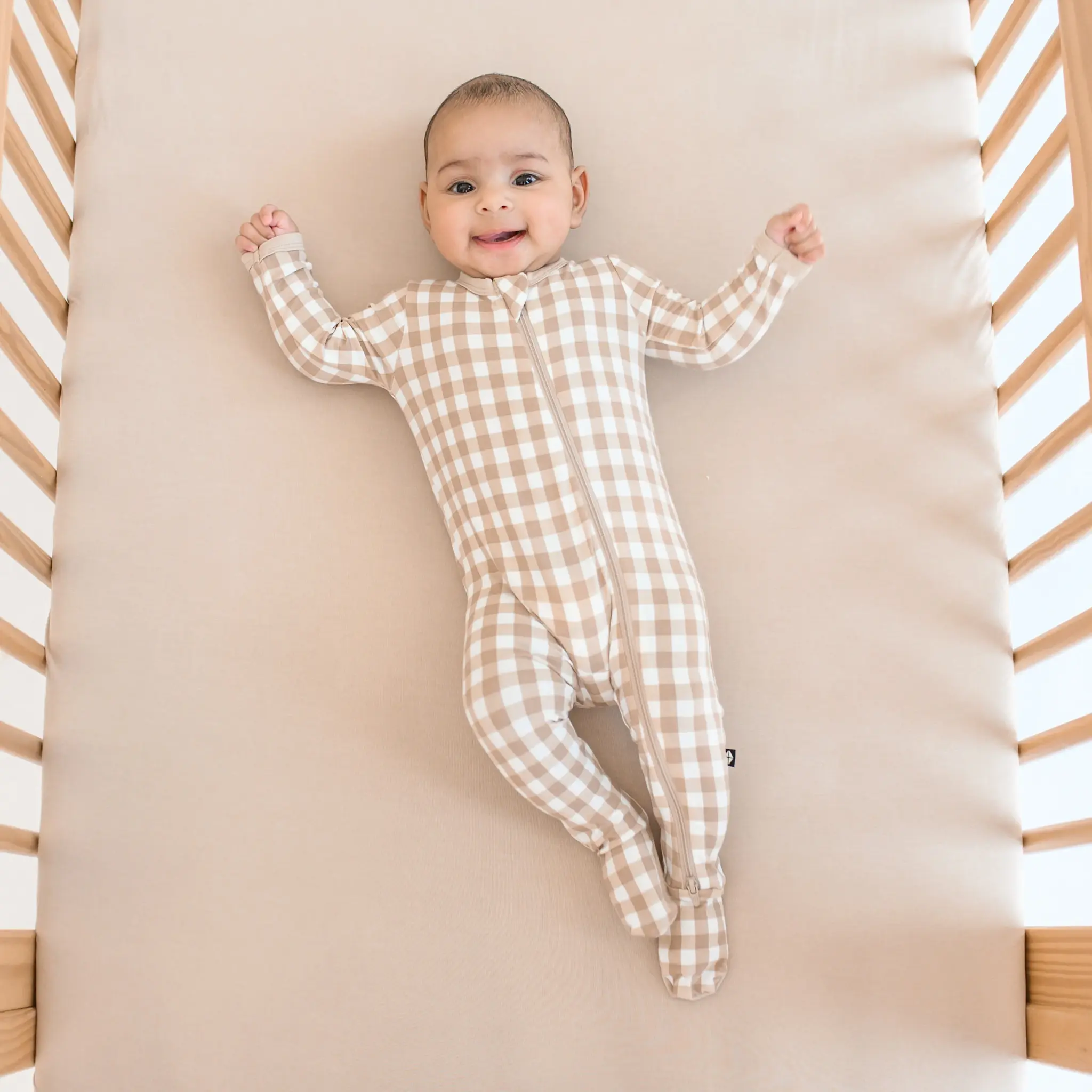 Kyte Zipper Footie - Gingham Bisque