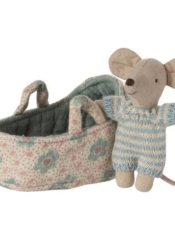 Maileg Blue Baby Mouse in Carry Cot