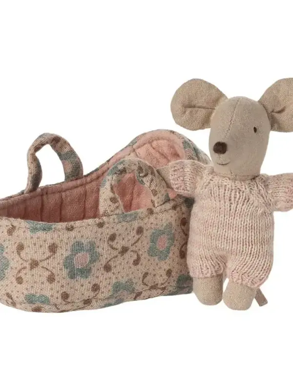 Maileg Rose Baby Mouse in Carry Cot