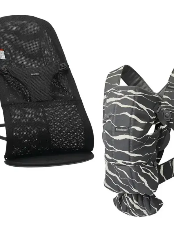 Baby Bjorn Black Mesh Bliss Bouncer + Anthracite/Landscape Mini Carrier Bundle