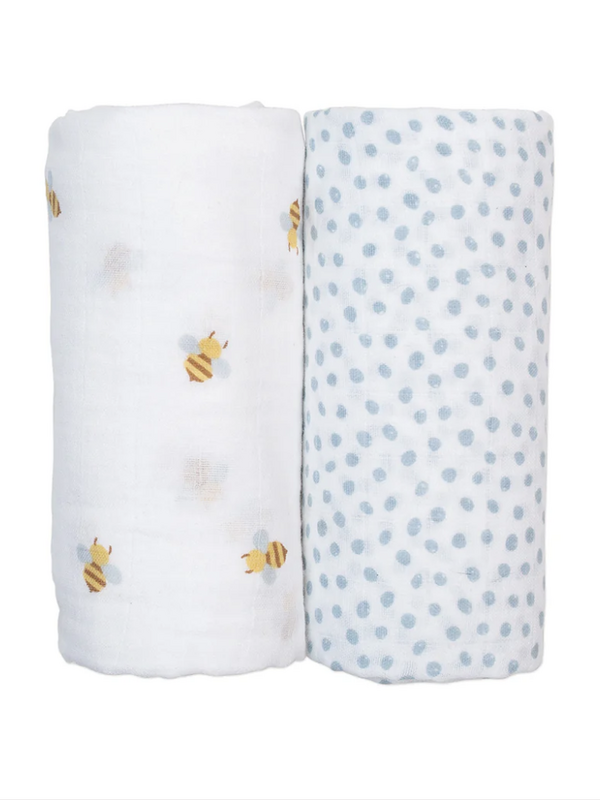 Lulujo 2pk Muslin Swaddle - Bees + Blue Dots