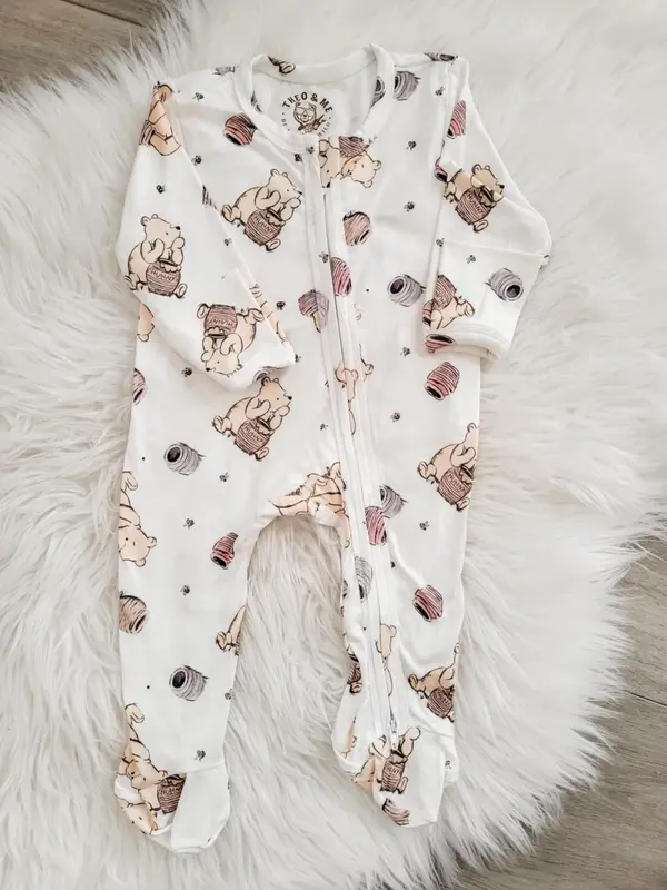 Ruffles + Bowties Cotton Footie - White Pooh Bear
