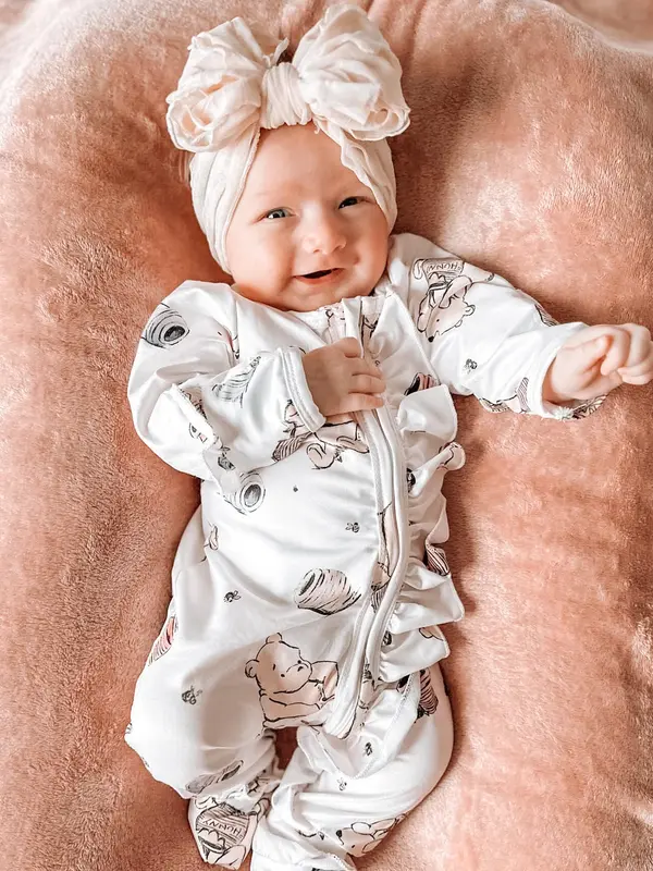 Ruffles + Bowties Cotton Ruffle Footie - Pooh Bear Honey Pot