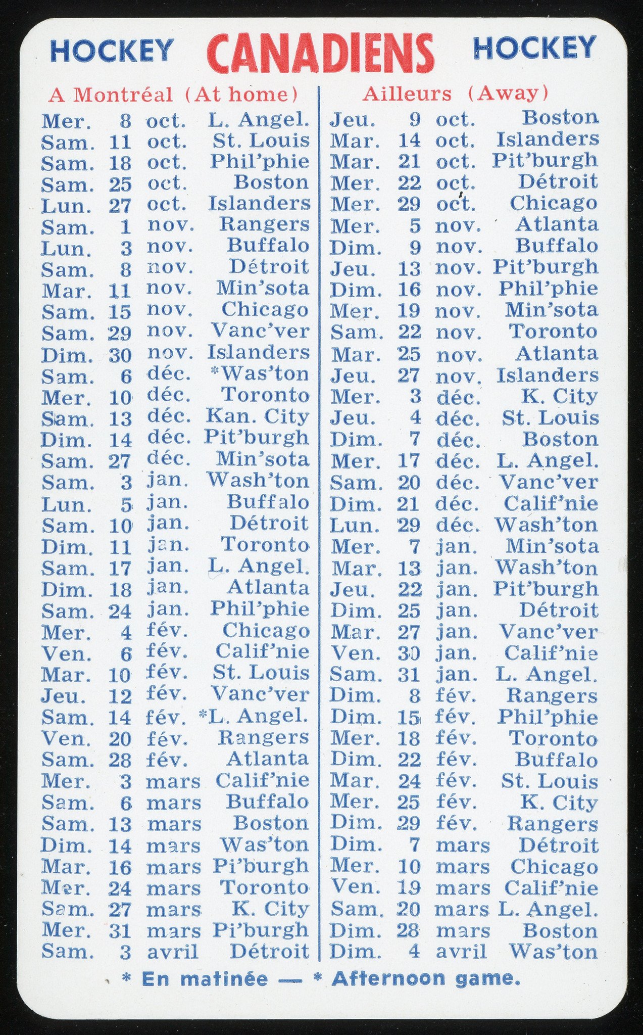 Montreal Canadiens schedules printed by Henri Henri