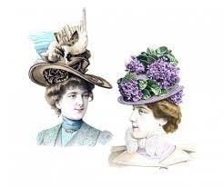 Dessin de deux dames de la haute société dans les années 1900 portant des chapeaux richements décorés