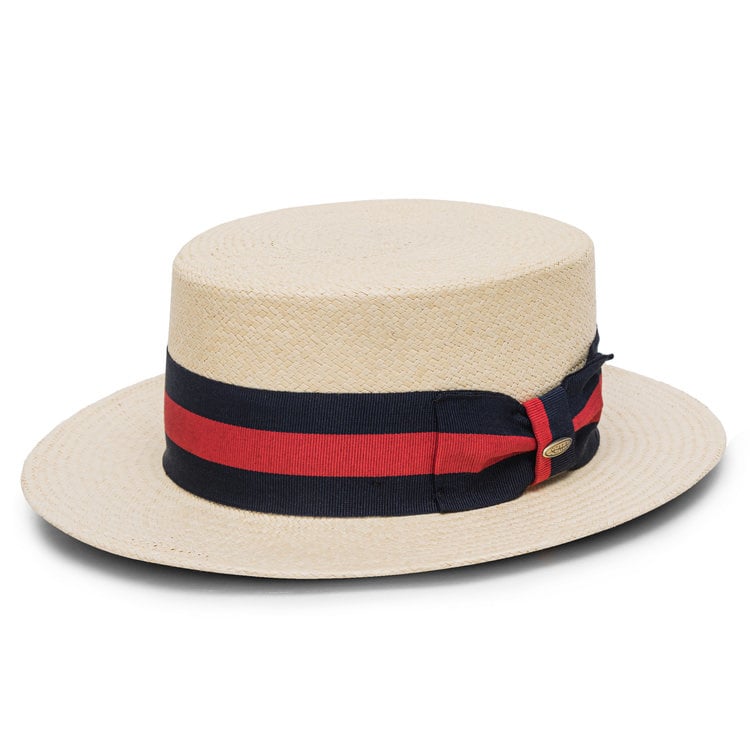 Chapeau Canotier en paille Panama avec ruban rouge et bleu Paddock de Scala