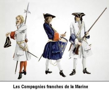 Soldiers of the French Navy Free Companies wearing tricorne hats