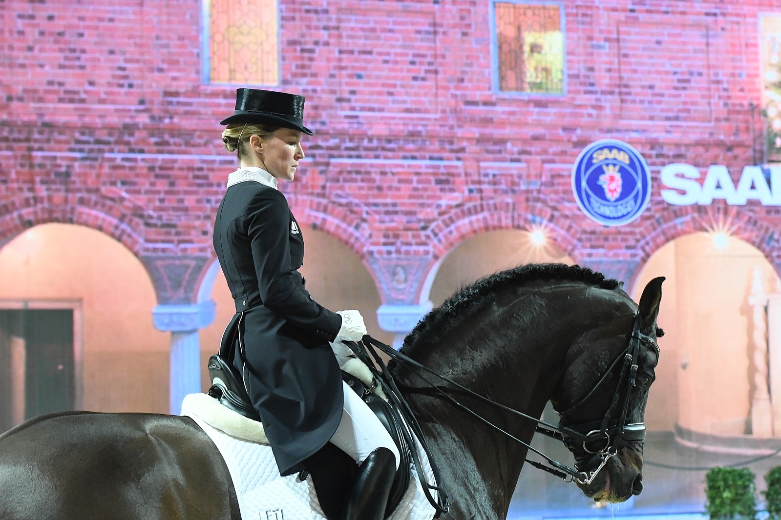 woman riding a horse wearing a dressage hat