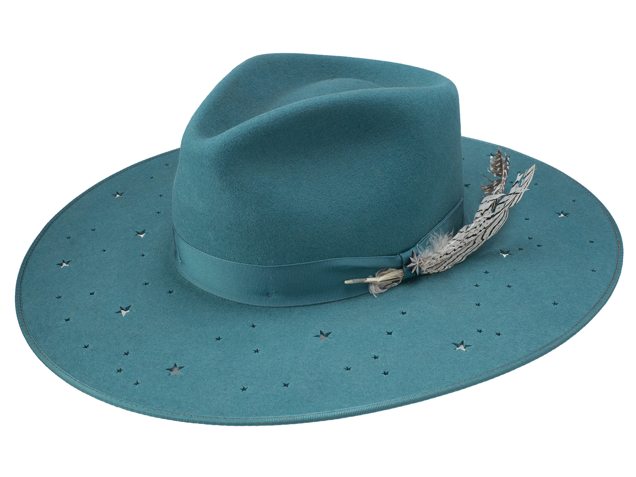 The Night Sky in Teal and wool felt with a large flat brim by Stetson with a perforated brim with star shapes
