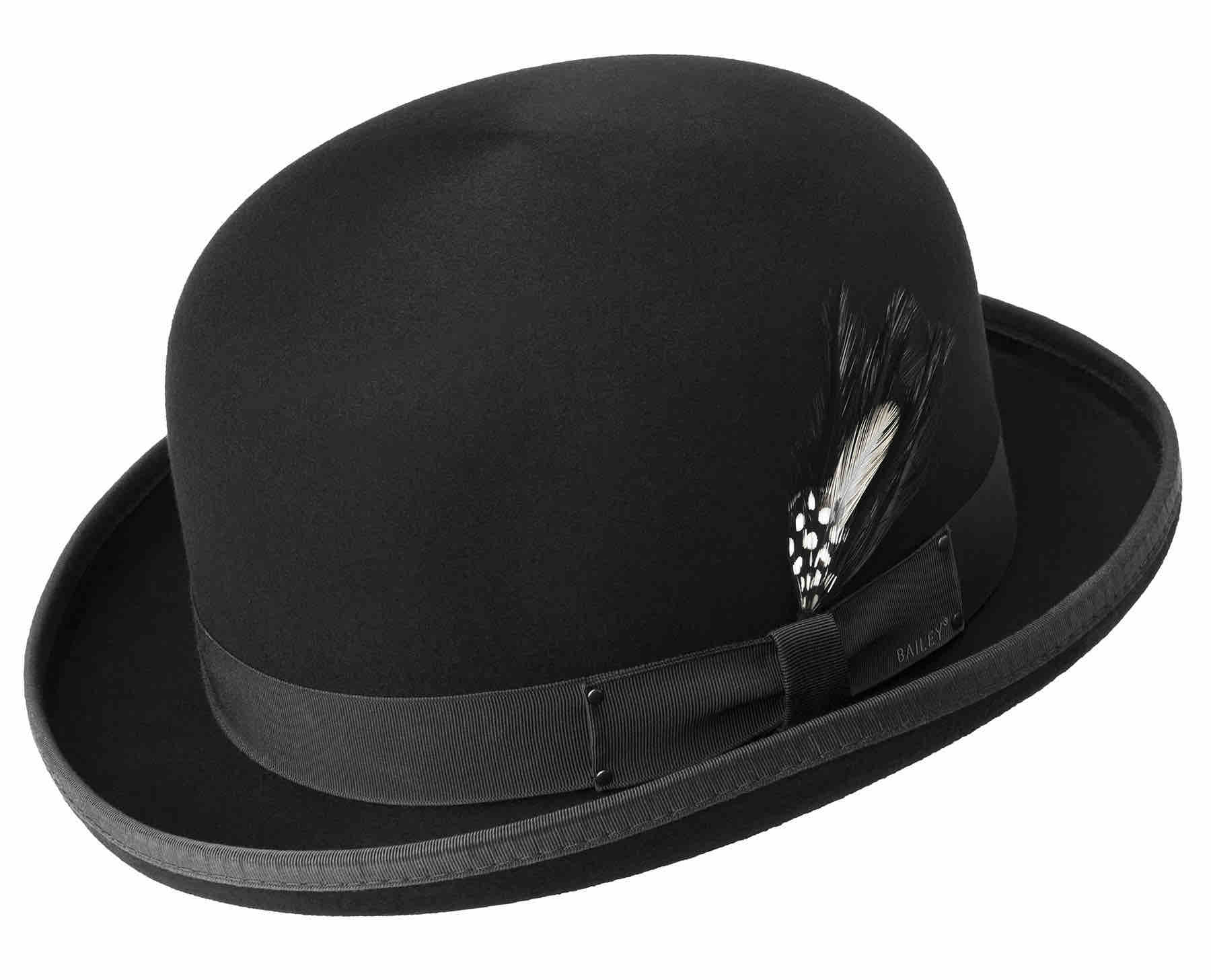 The Derby By Bailey is a bowler wool felt hat in black with black and white feather attached on its left side