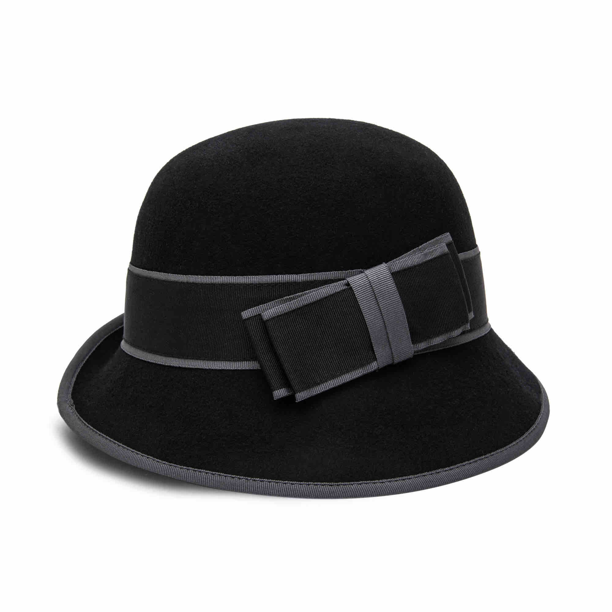 Classic Women Cloche bell shape round crown gros grain ribbon blakc and grey wool felt