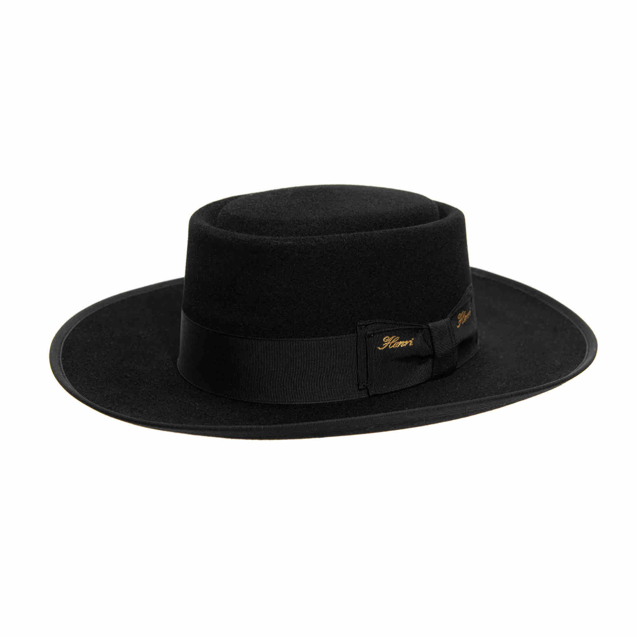 A Larged brim Porkpie hat in black Rabbit Fur Felt by Henri Henri with gros grain rbbon for cold times