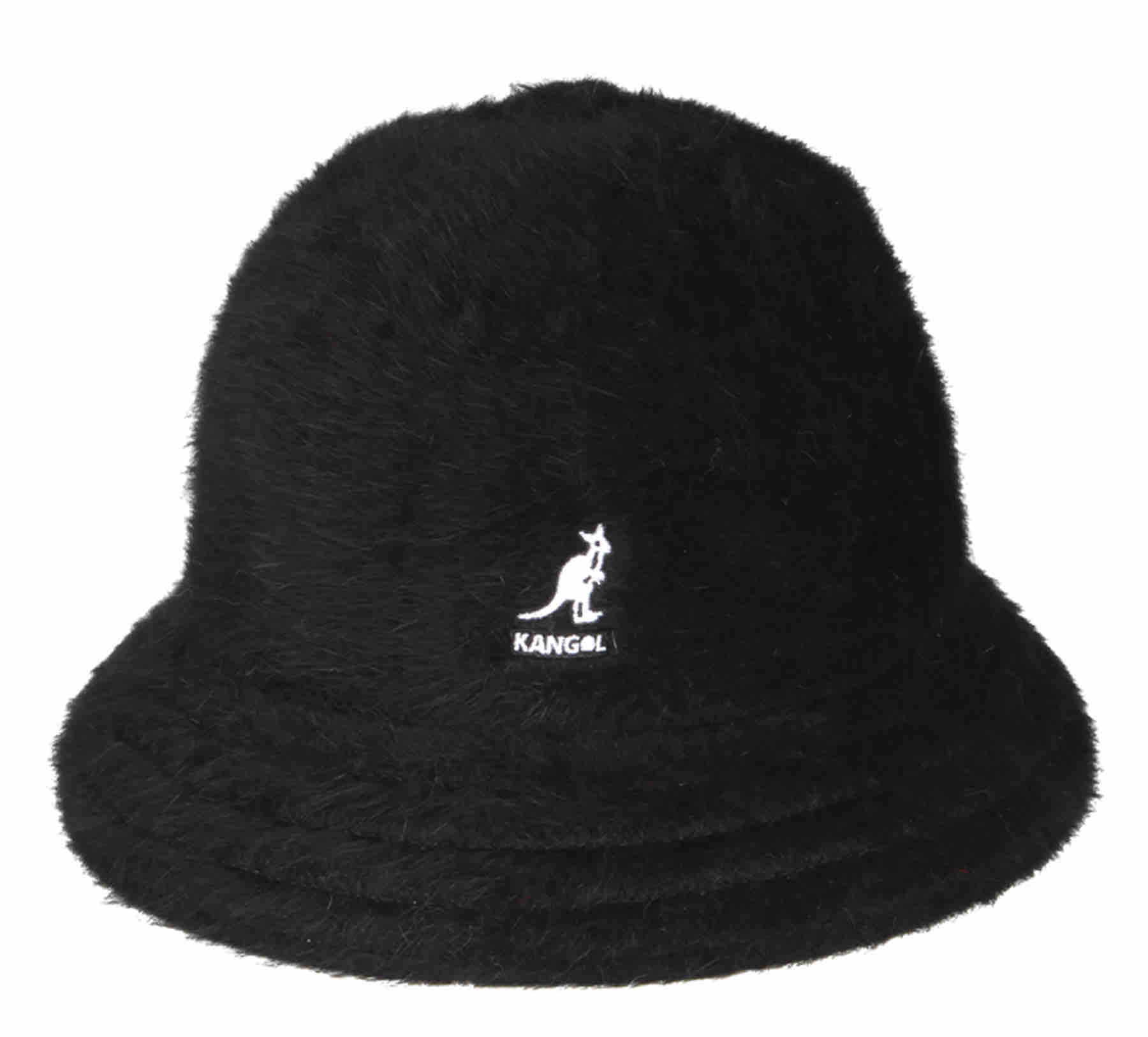 A Cloche Bucket hat with a round crown and button on top in angora rabbit fur black by Kangol with kangaroo logo in white in front