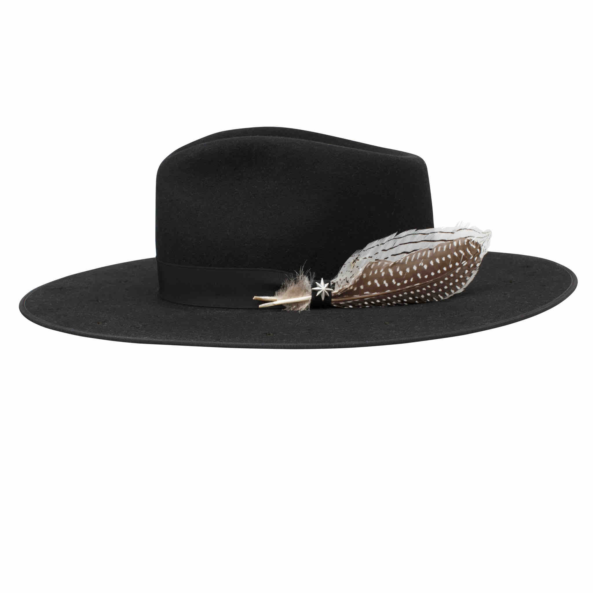 NIght Sky by Stetson In Black is as Wide flat brim hat with perorations in star shapes within the brim and nice feathers