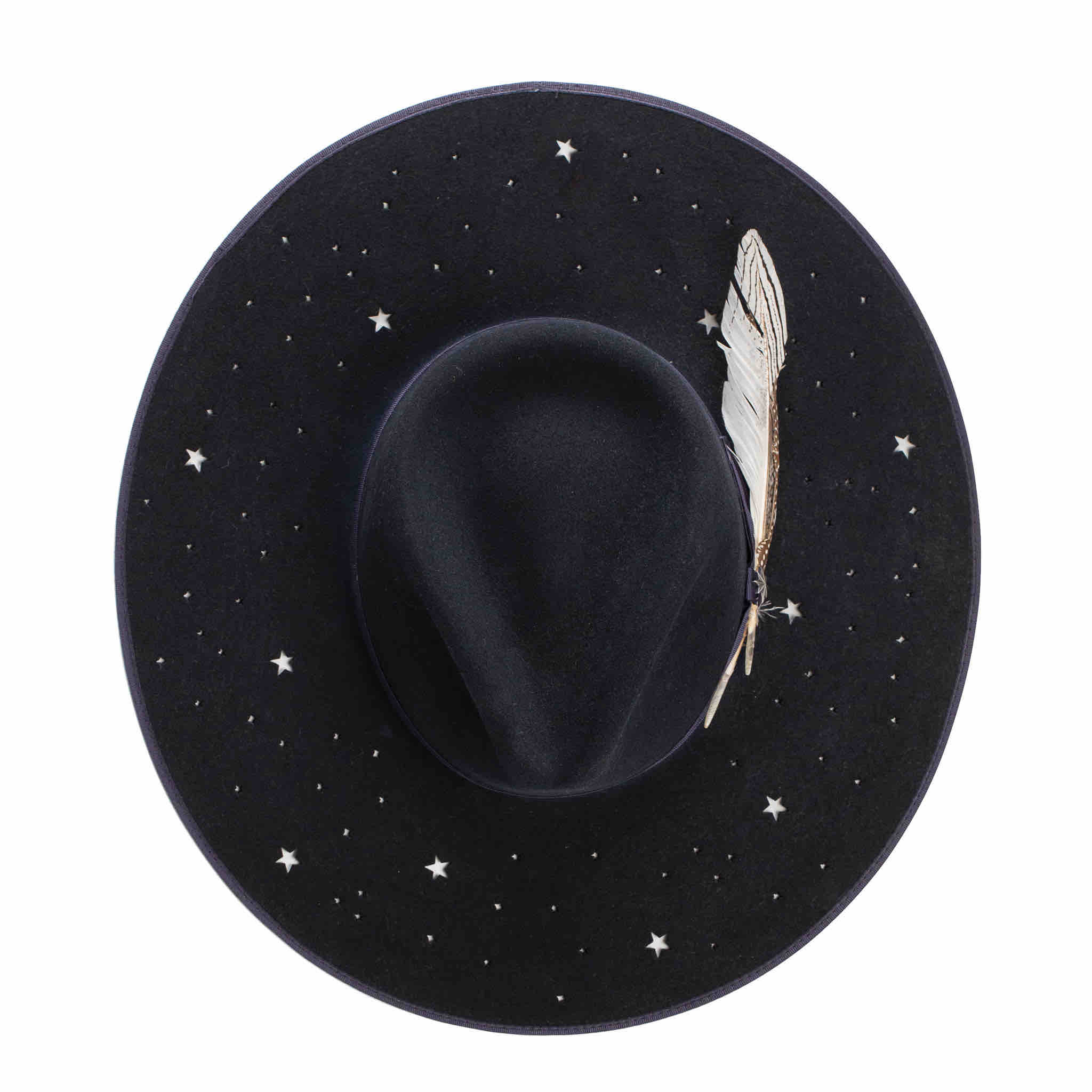 NIght Sky by Stetson In Black is as Wide flat brim hat with perorations in star shapes within the brim and nice feathers