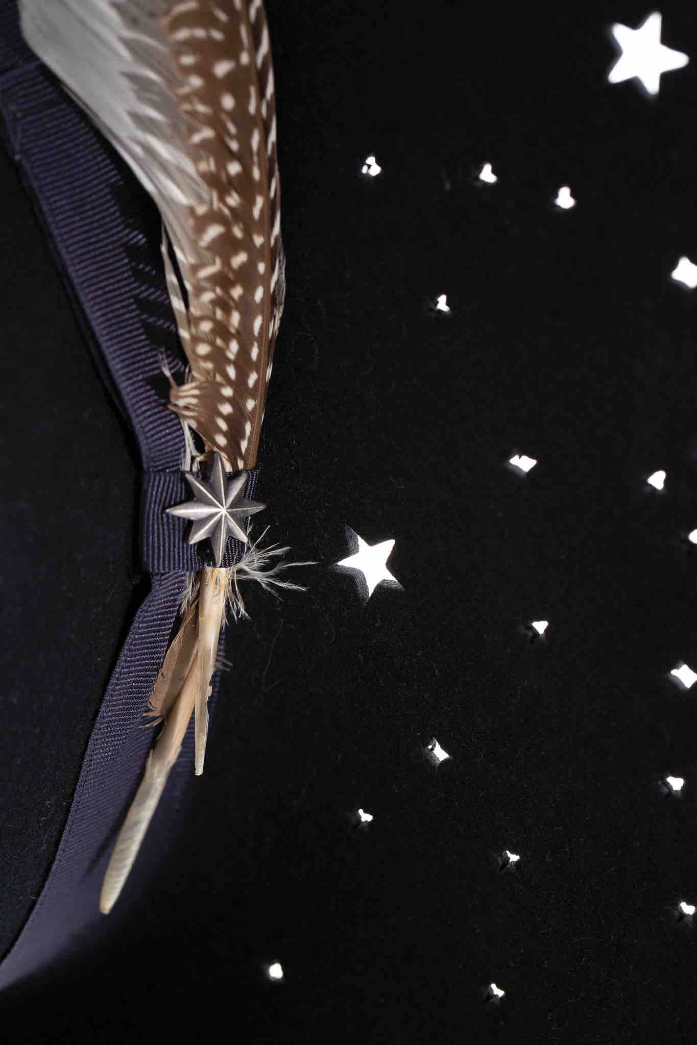 NIght Sky by Stetson In Black is as Wide flat brim hat with perorations in star shapes within the brim and nice feathers