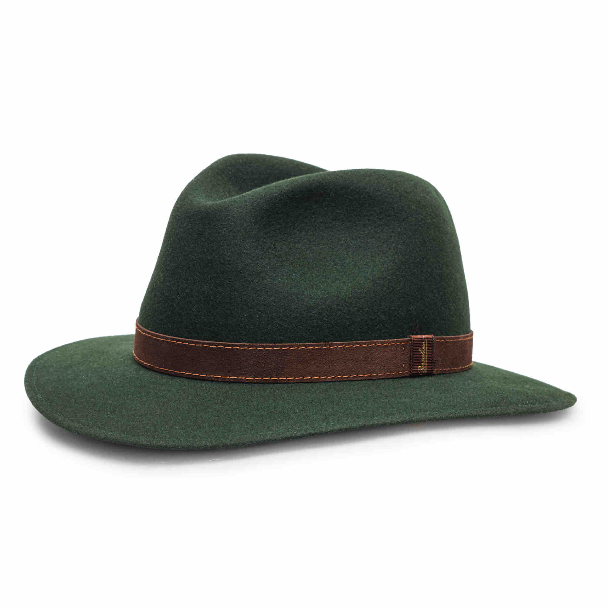 Soft fur felt fedora and foldable with a center dent crown and a bsafari brim in forest green